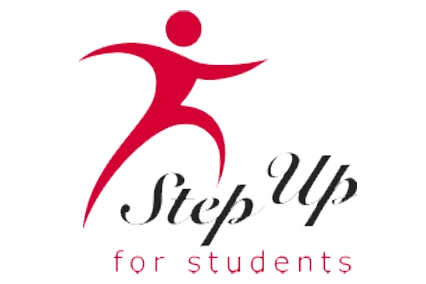 Logo with a stylized red figure reaching upward, with the text 'Step Up for students' below.
