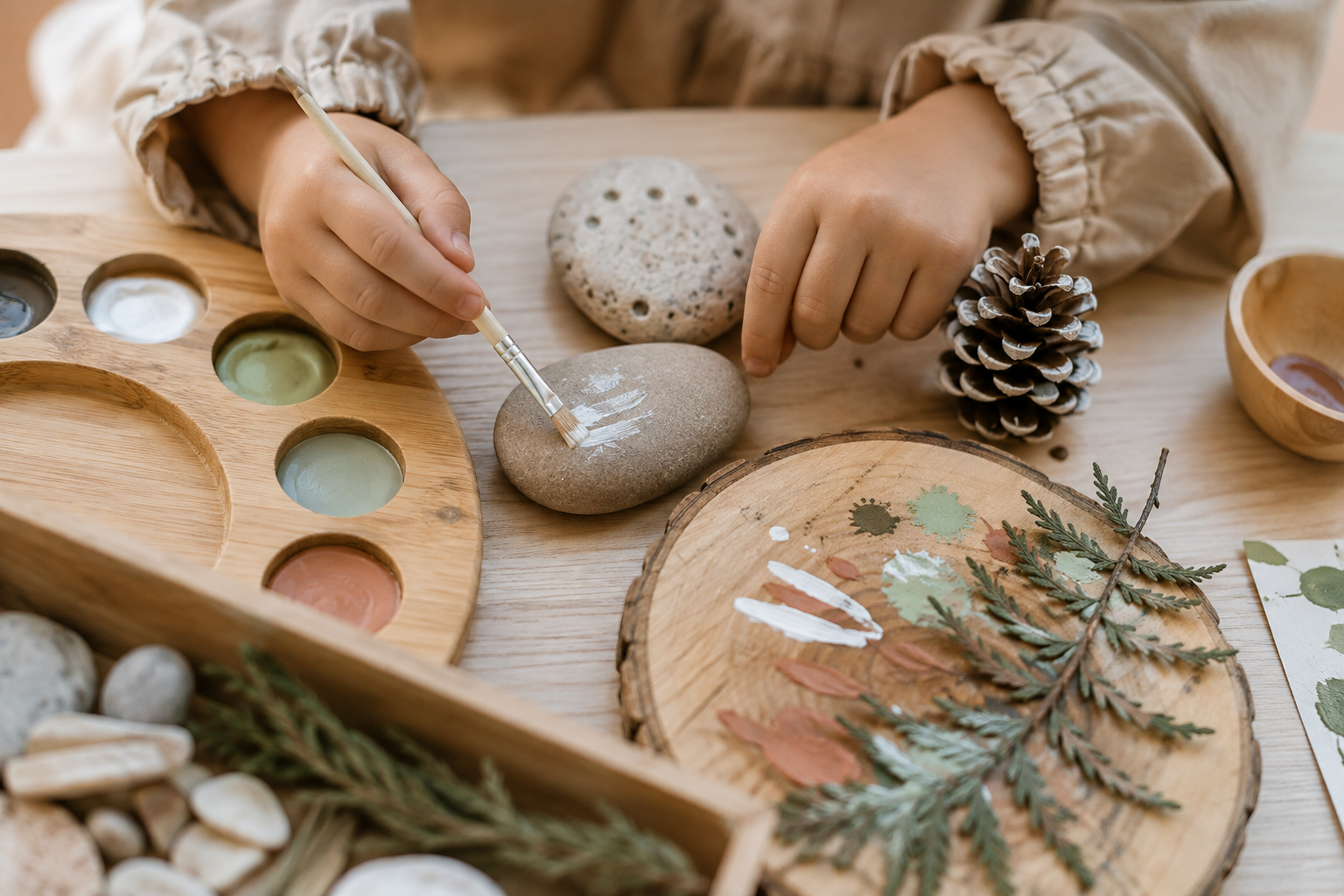 Person painting on a smooth rock with white paint using a small brush, surrounded by natural objects and art supplies, including pinecone, pebbles, and paint palette on wooden surface.