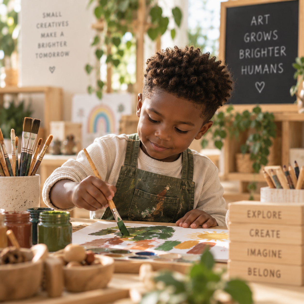 A young boy painting with watercolors at a wooden table in a bright art studio surrounded by art supplies and greenery, with inspirational signs on the wall behind him.