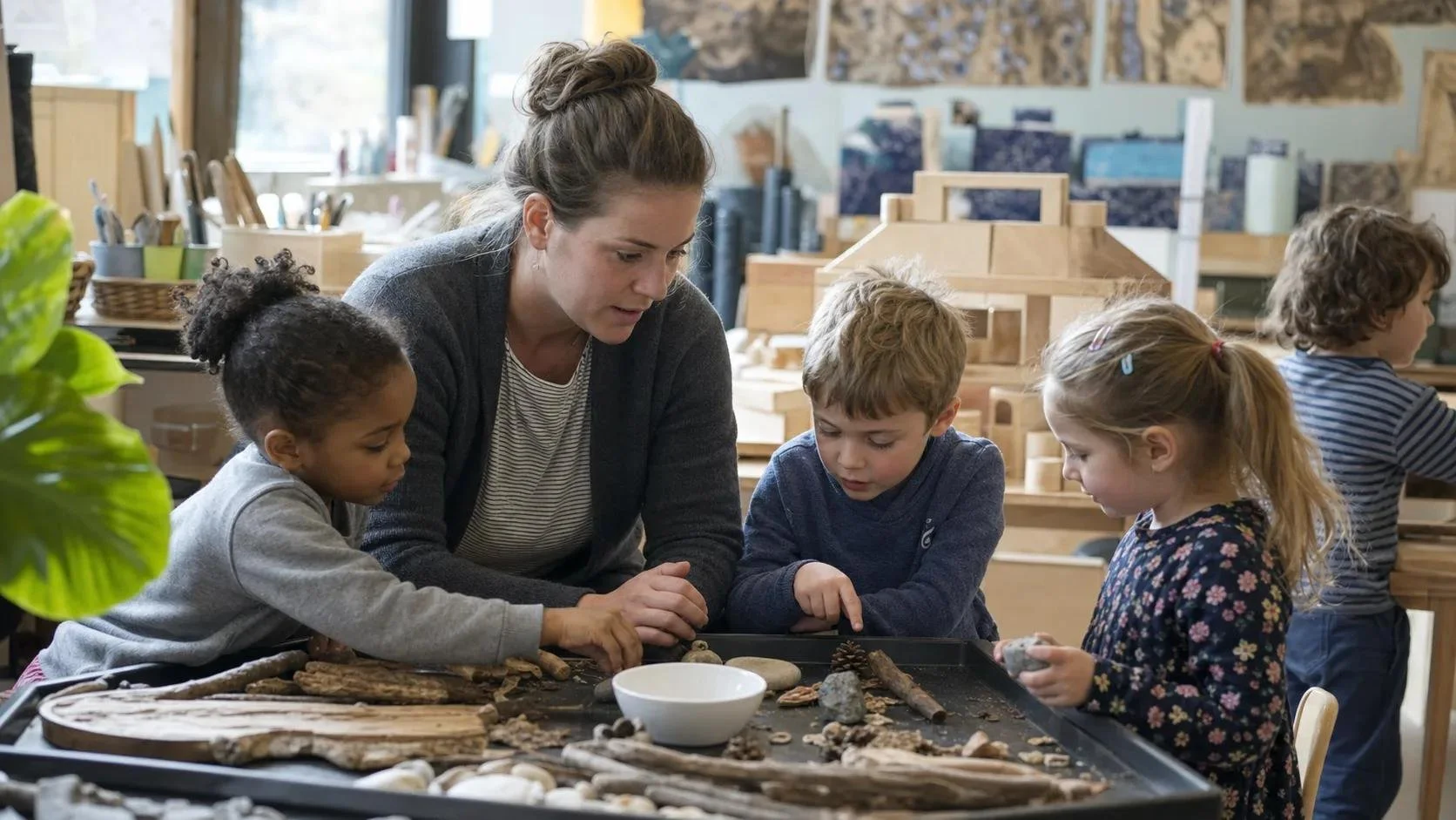 A female teacher with four young children working on a natural history project with rocks and sticks at a table in a classroom filled with art supplies and models.