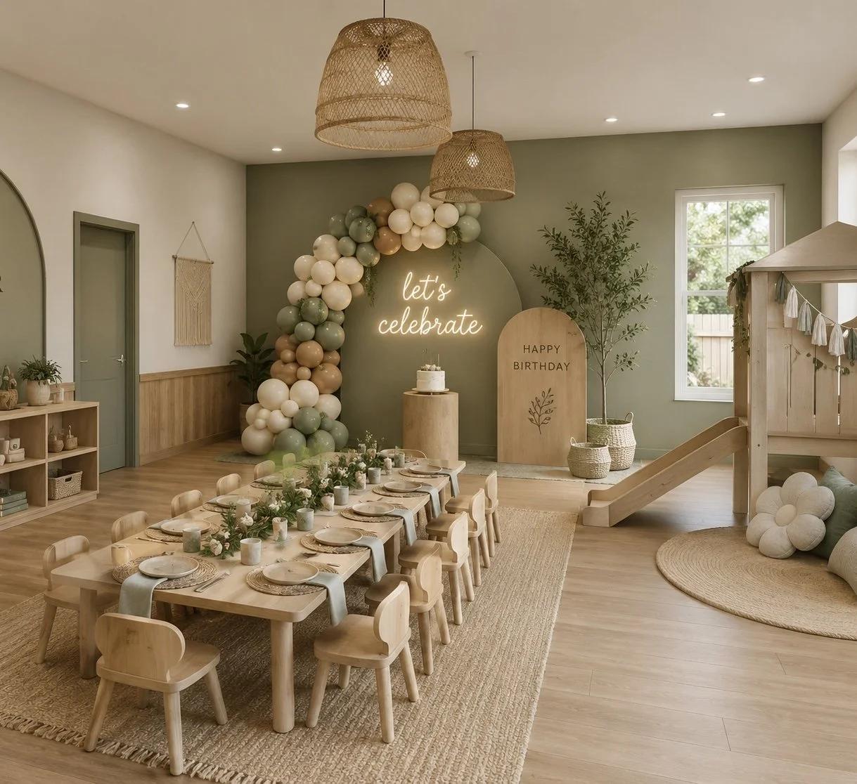 Decorated birthday party area with a long table set with plates, cups, and floral arrangements, balloon arch, neon sign saying 'let's celebrate', wooden signs, small slide, potted trees, and cozy floor seating area in a well-lit room.