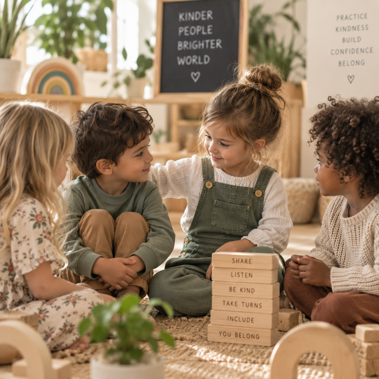 Four young children sitting on a rug indoors, engaged in a friendly conversation. A girl with a bun is touching a boy's shoulder. Several wooden blocks with encouraging words are in front. The background has plants, rainbow art, and foam boards with positive messages.
