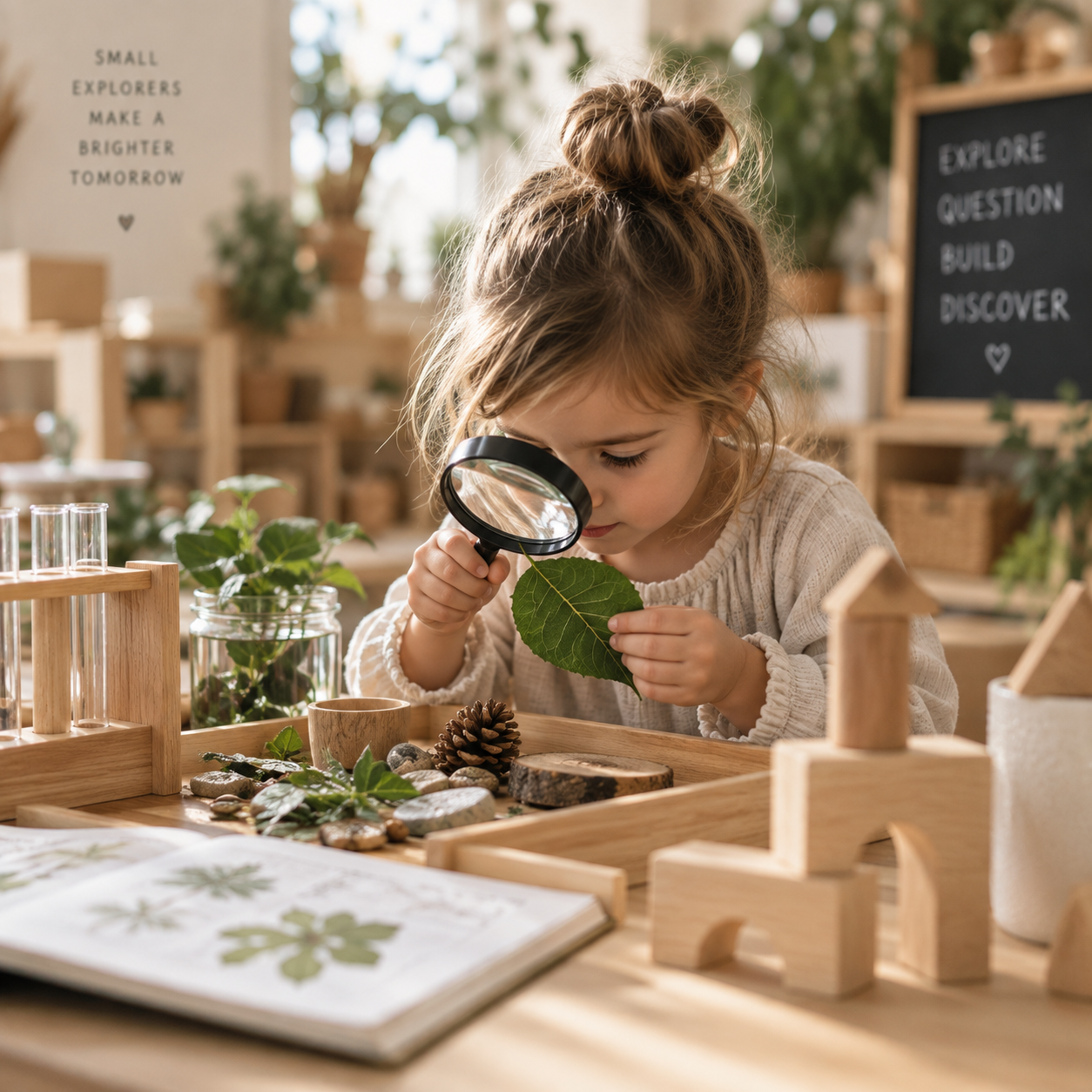 A young girl with a top knot hairstyle examining a leaf with a magnifying glass at a wooden table in a classroom with educational posters and plants.