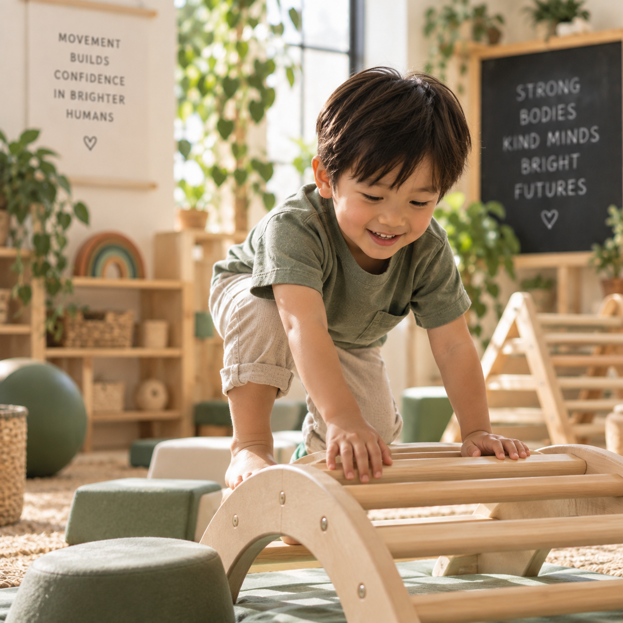 A young boy with dark hair smiling and crawling on a wooden climbing structure in a bright, plant-filled room with educational decor.