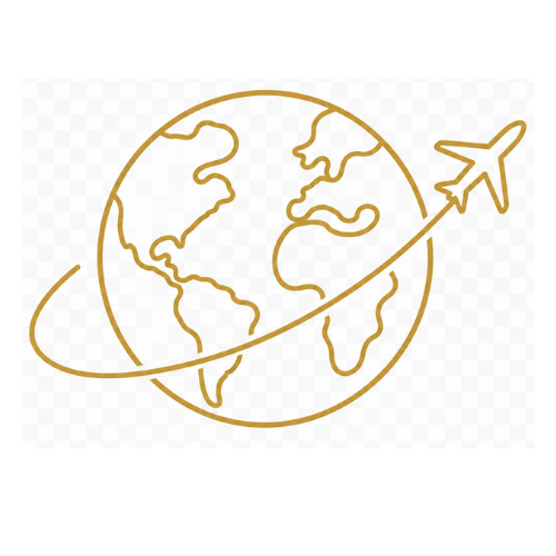 Line drawing of Earth with an airplane circling around it on a curved flight path.