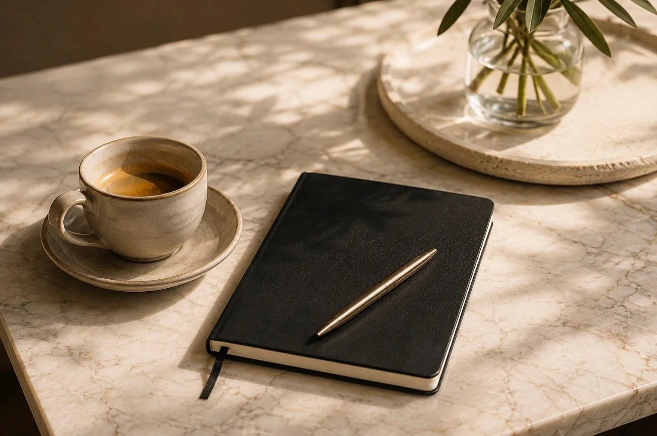 A marble table with a cup of coffee on a saucer, a closed black notebook with a silver pen on top, and a glass vase with green leaves on a round stone tray.