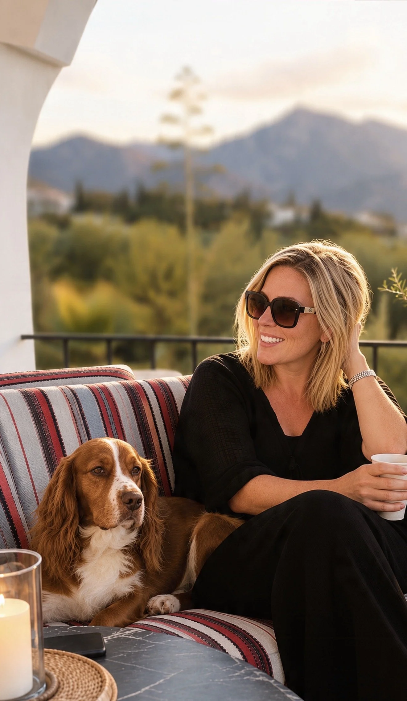 A woman with blonde hair, wearing sunglasses and a black top, sitting on an outdoor patio next to a brown and white dog. The woman is smiling and holding a cup. There are mountains and trees in the blurred background.