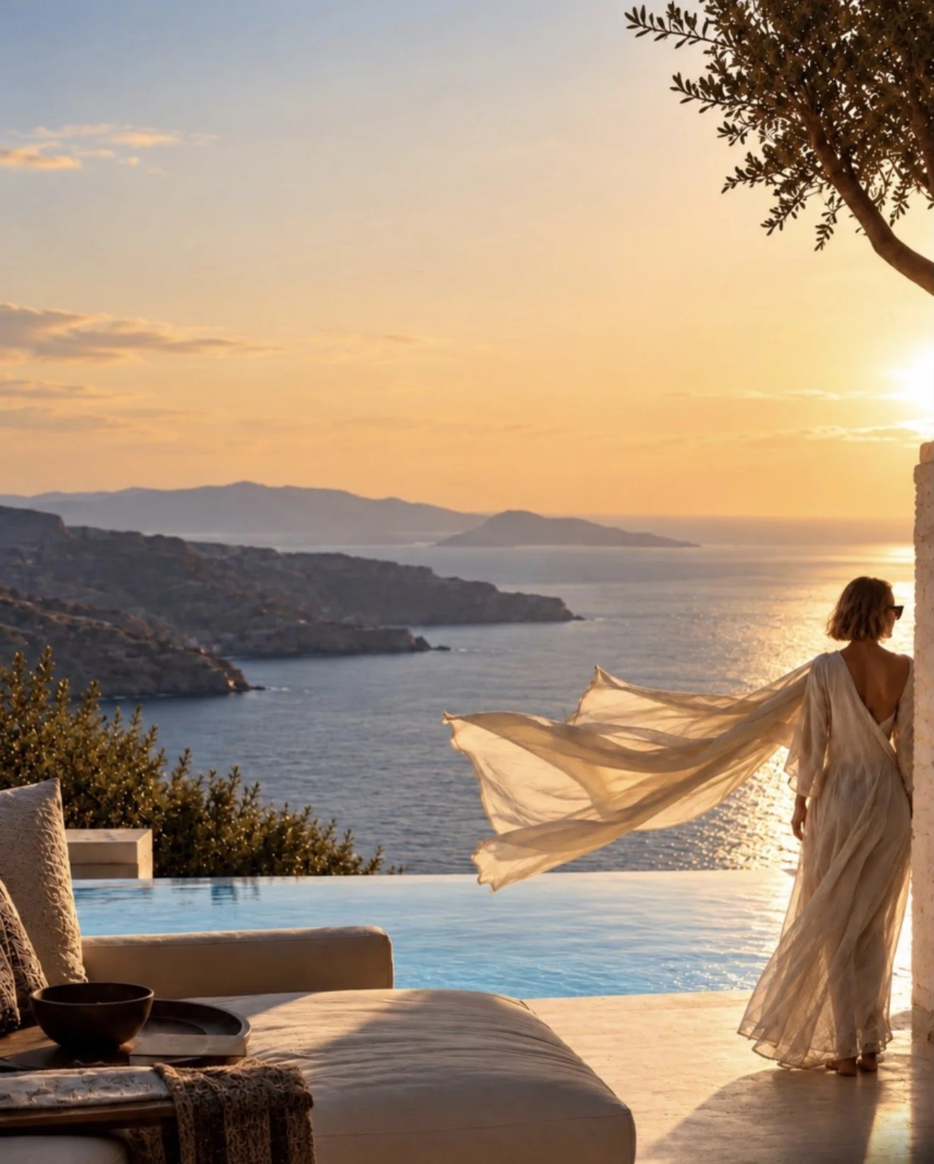 A woman in a flowing dress stands by a terrace overlooking a large body of water and distant hills at sunset. The scene includes outdoor seating with cushions, a bowl, and a near-infinity pool reflecting the sky.