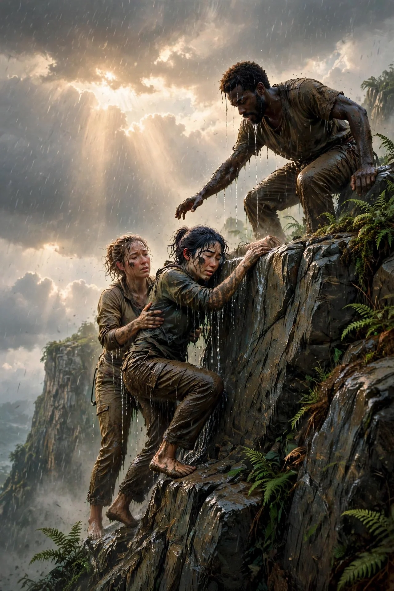 Three people helping each other climb up a wet, rocky cliff, with sunlight breaking through clouds after a long struggle to climb.