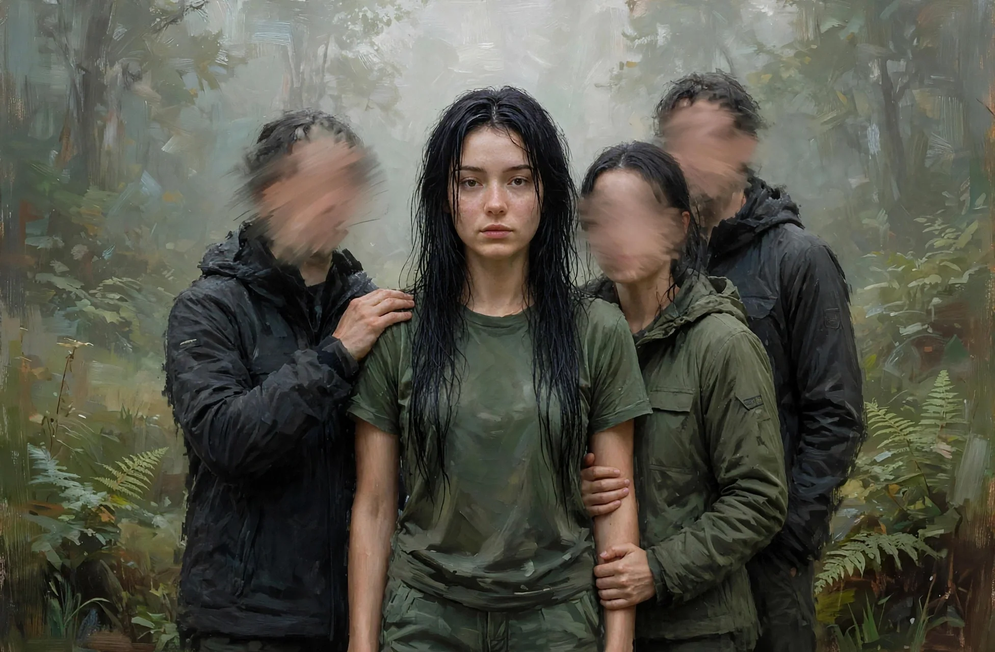 A woman having soaked in rain, surrounded by three people with blurred faces holding her back, in a dark forest clearing.