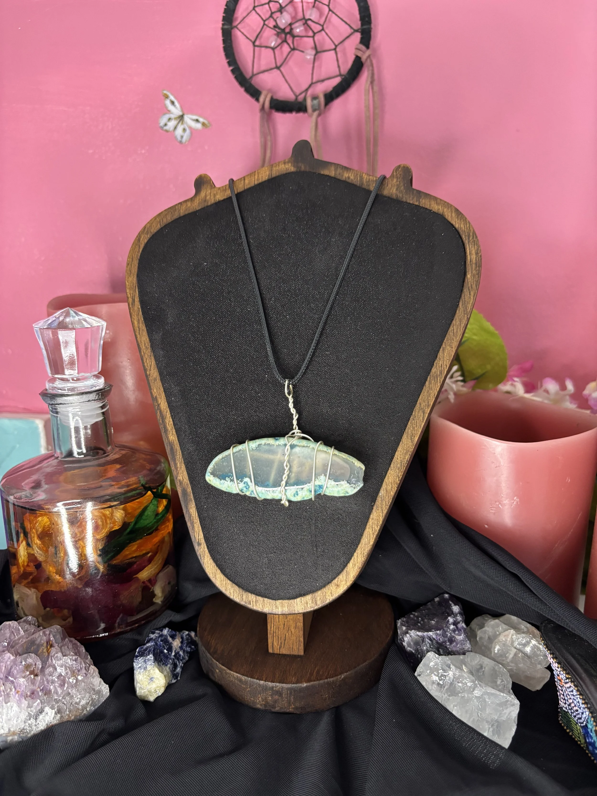 Blue Agate Hand-Wrapped Crystal Pendant
