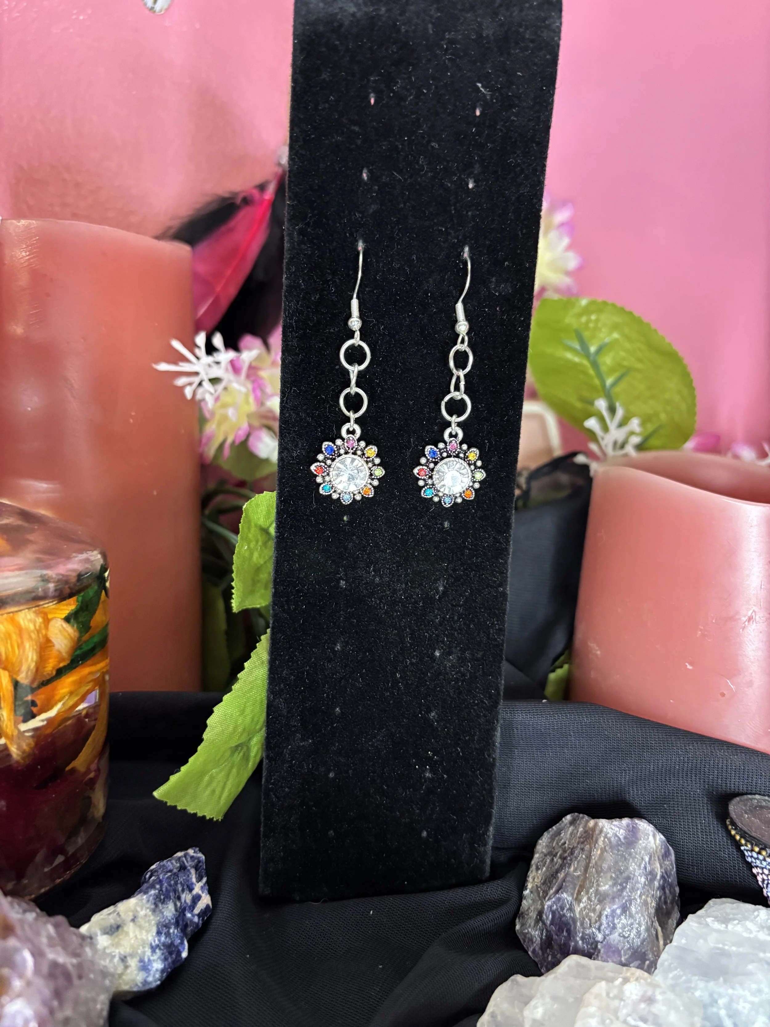 Vintage Style Rainbow Crystal Flower Dangle Earrings