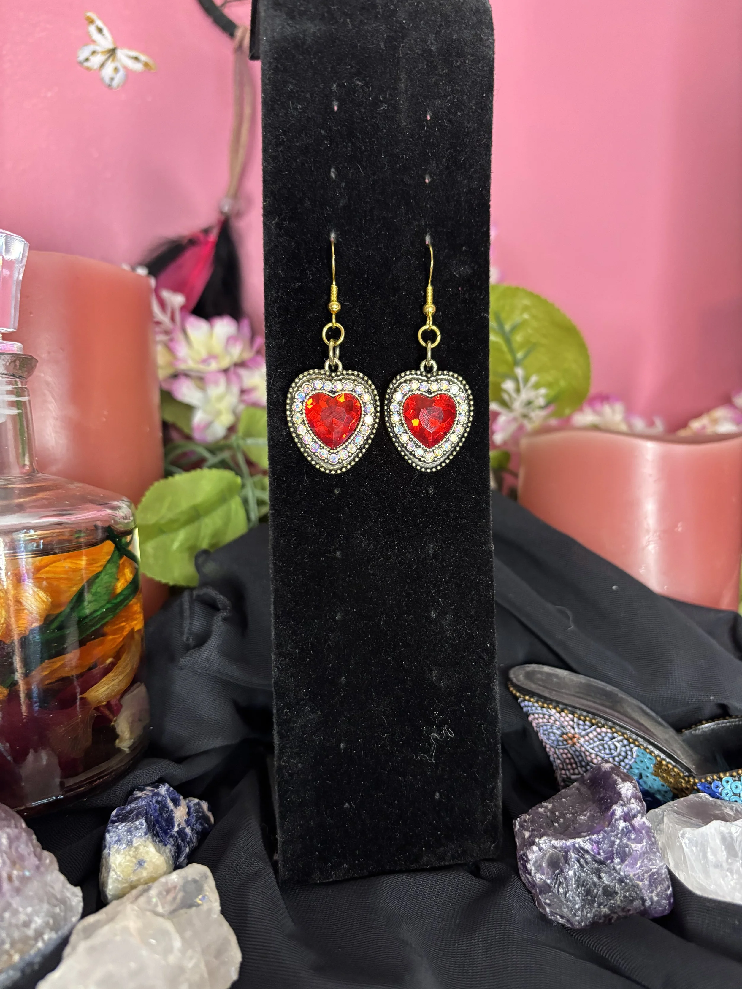 Ruby Heart Rhinestone Drop Earrings