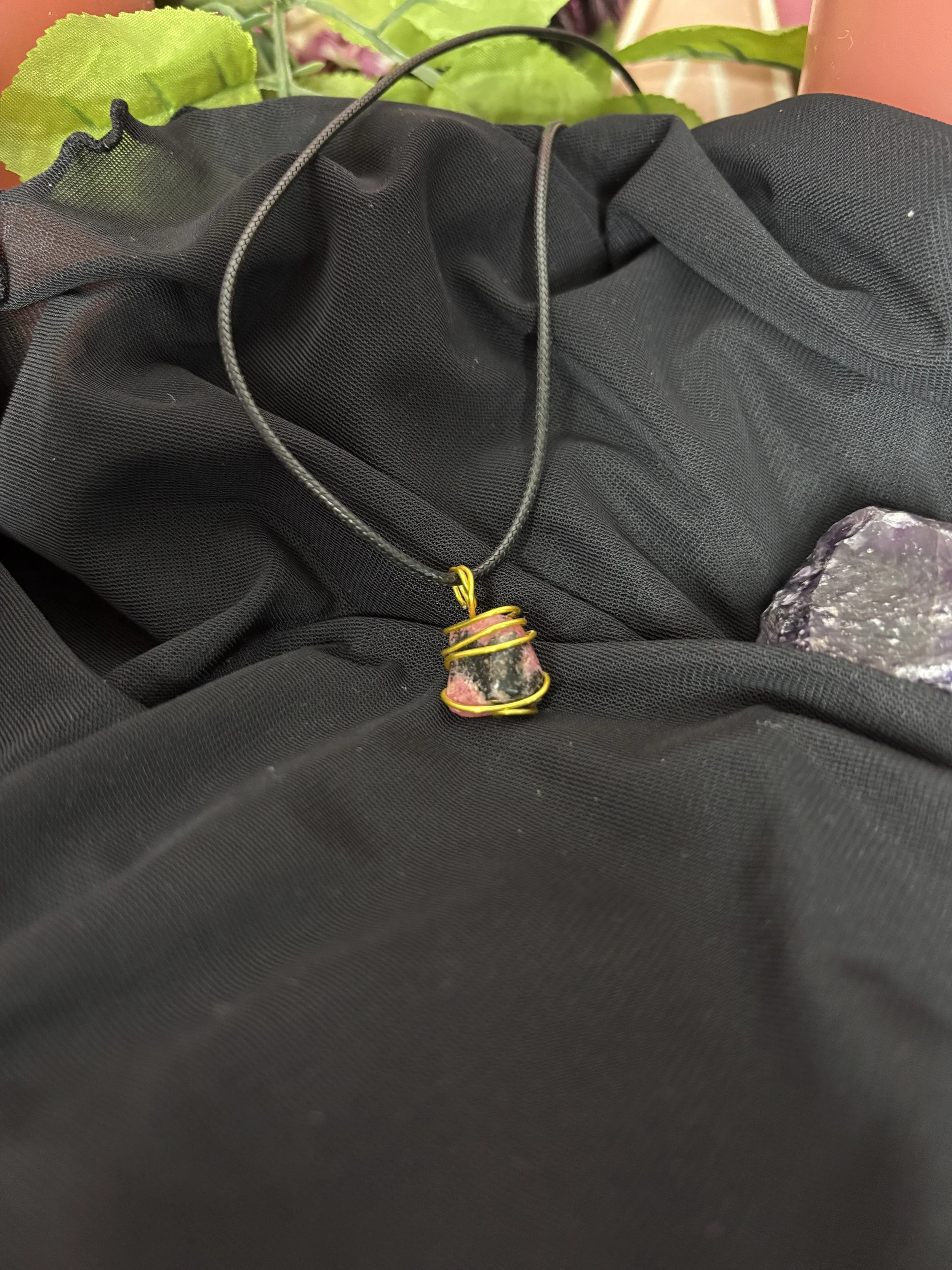 Pink And Black Rhodonite Wrapped Pendant