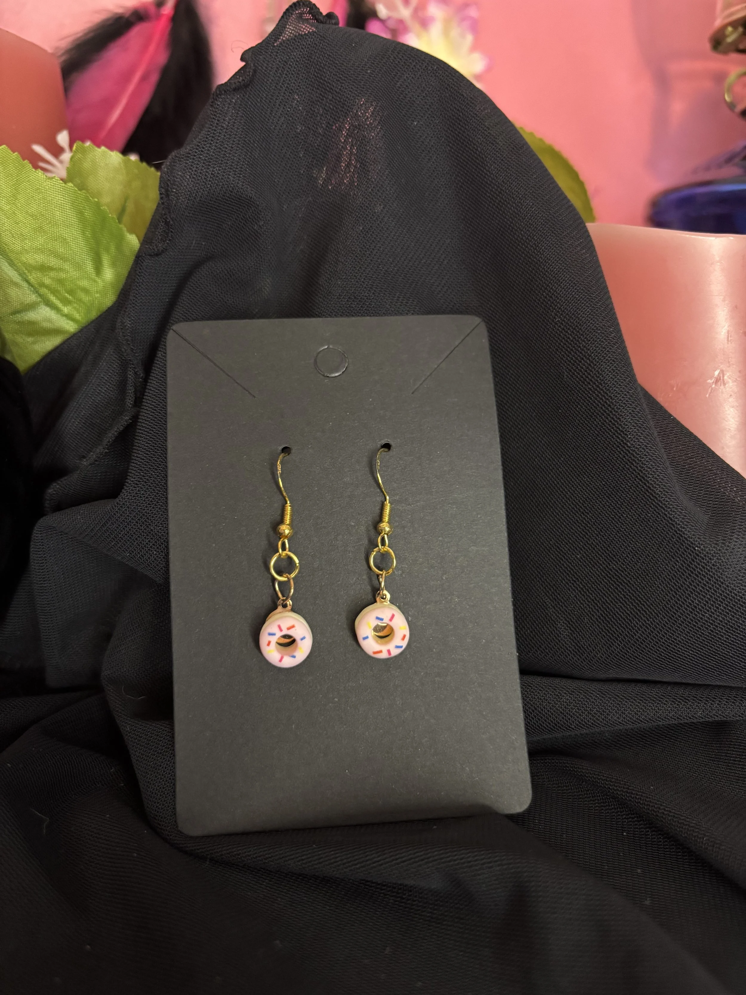 Pink Frosted Donut With Heart Earrings