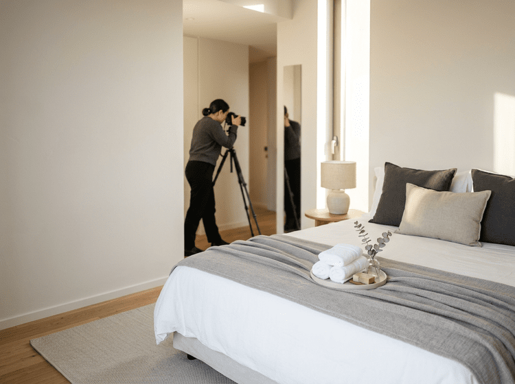 Photographer preparing a bedroom for a listing shoot