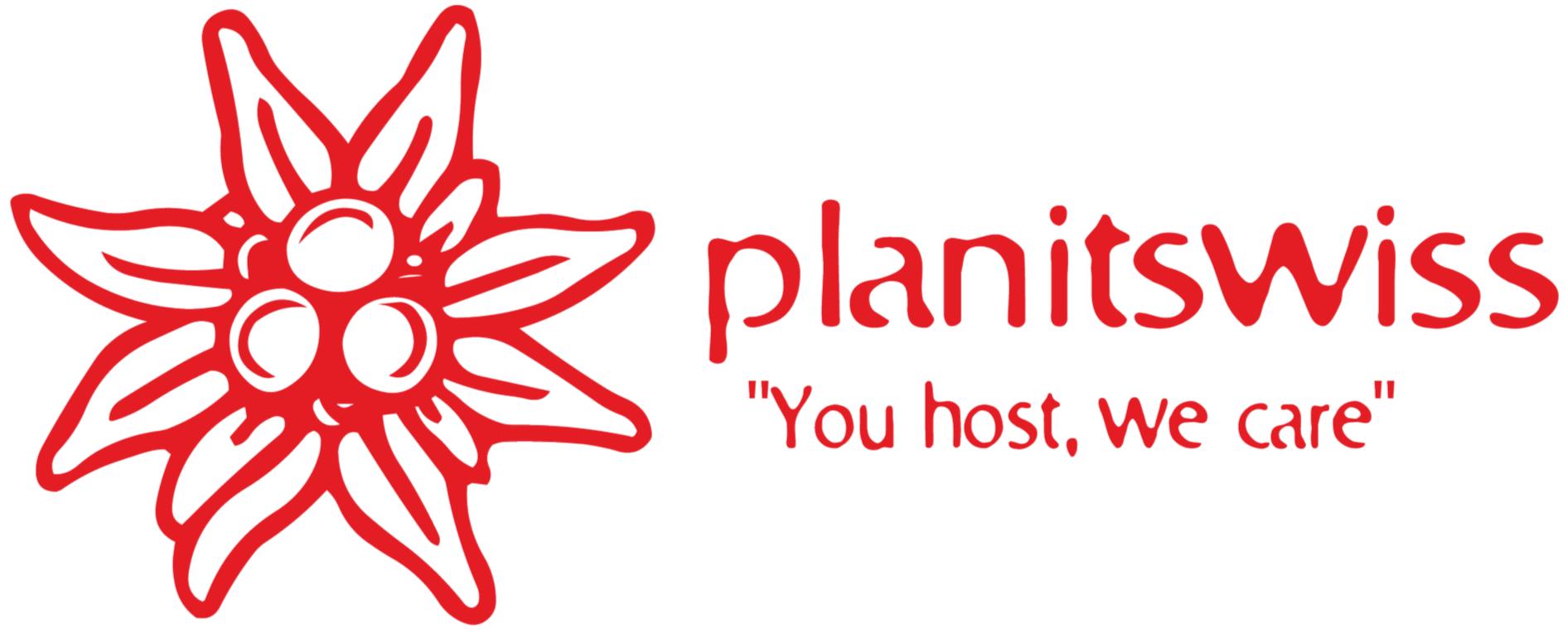 Logo de Plantswiss avec une illustration d'une plante stylisée en rouge et le texte "plantswiss" et le slogan "You host, we care" en rouge.