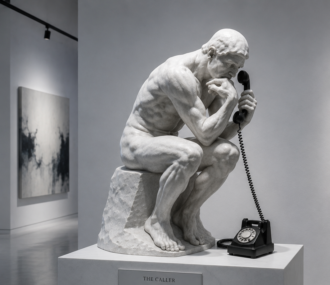 A marble sculpture of a thinker holding a vintage rotary phone to his ear in a modern art gallery.