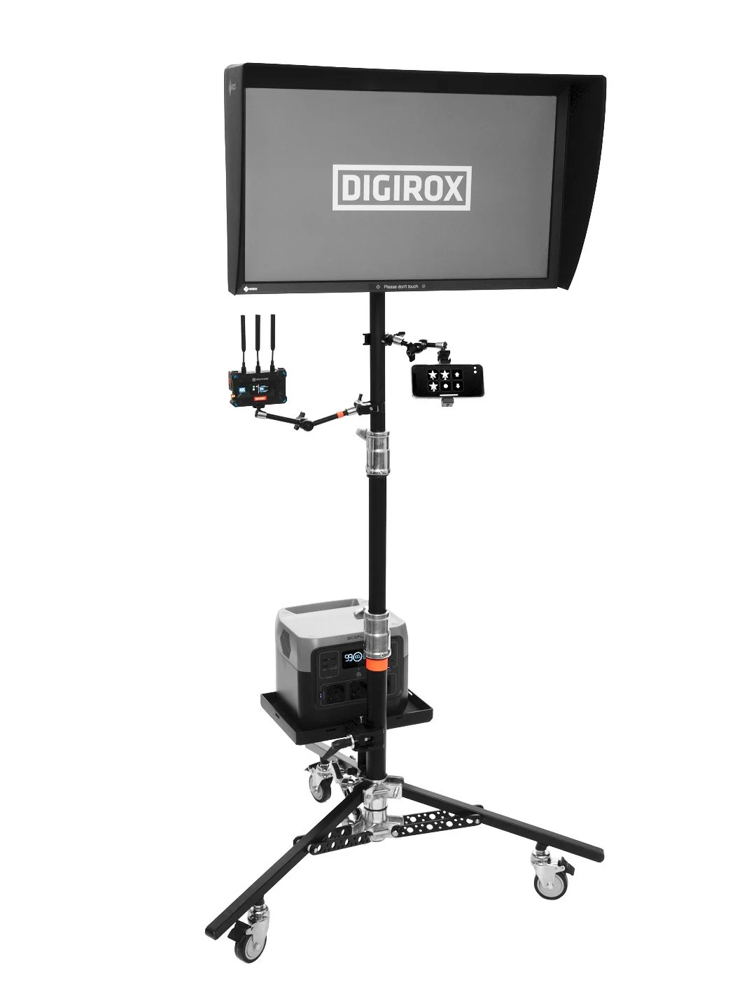 DIGIROX monitor stand with wireless video receiver, phone monitor mount and portable power station on wheeled tripod base