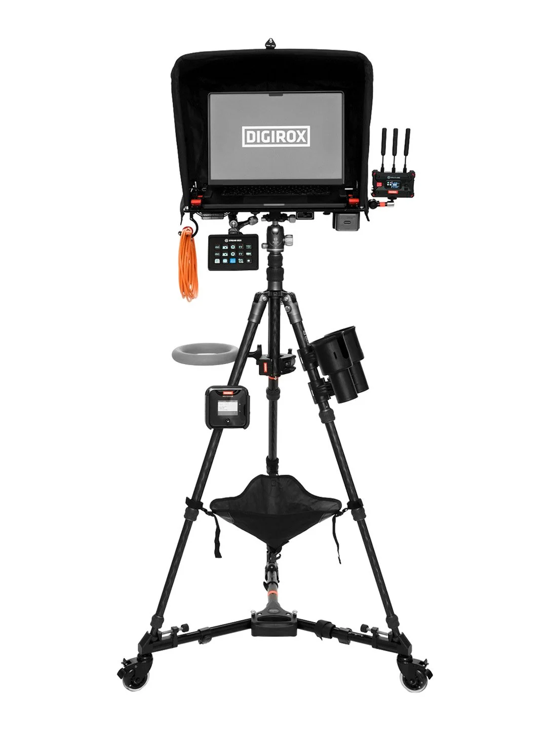 DIGIROX laptop stand with monitor hood, wireless video receiver, remote control, camera hoop mount and accessory holders on wheeled tripod