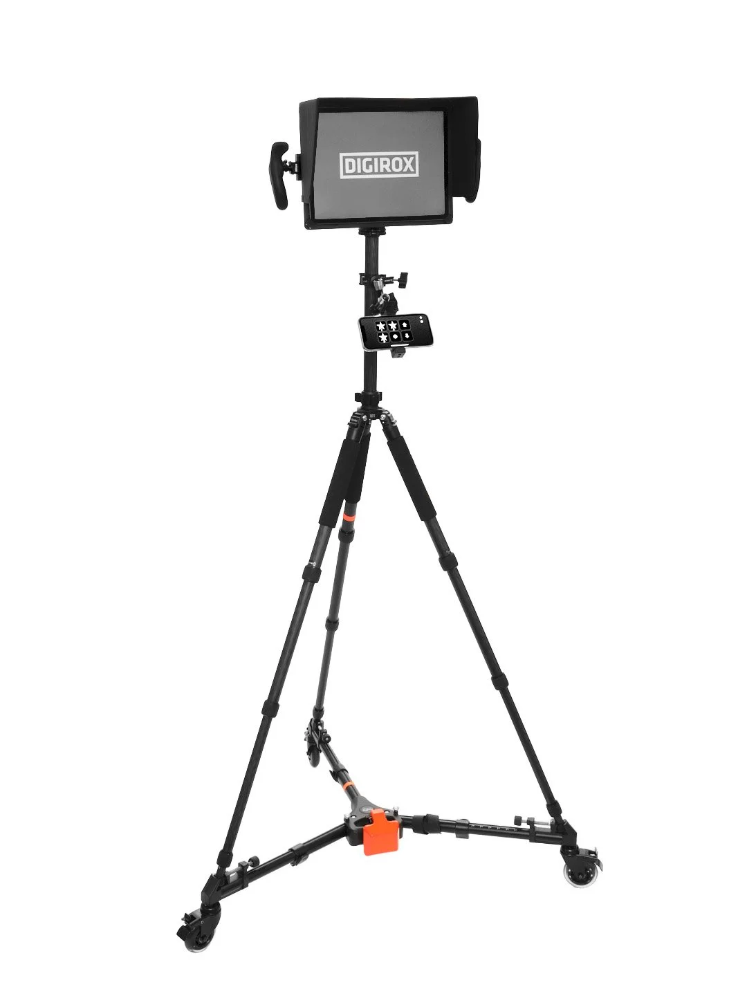 DIGIROX compact tablet monitor and phone mount on lightweight wheeled tripod
