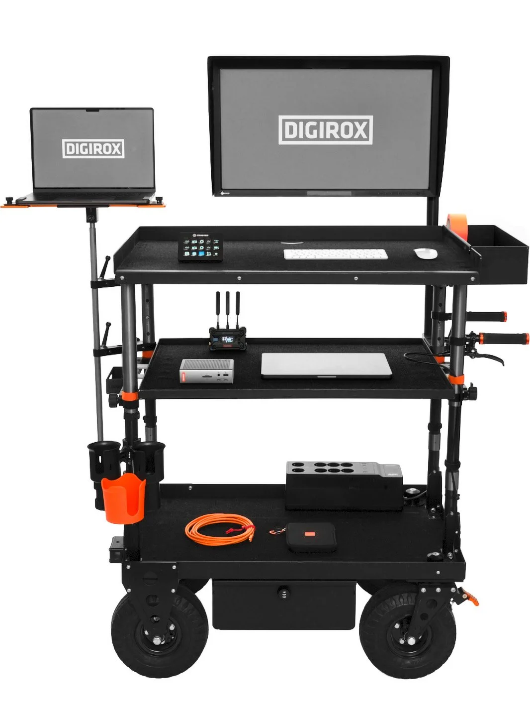 DIGIROX mobile workstation cart with monitor, laptop, keyboard, mini PC and cable storage on wheels