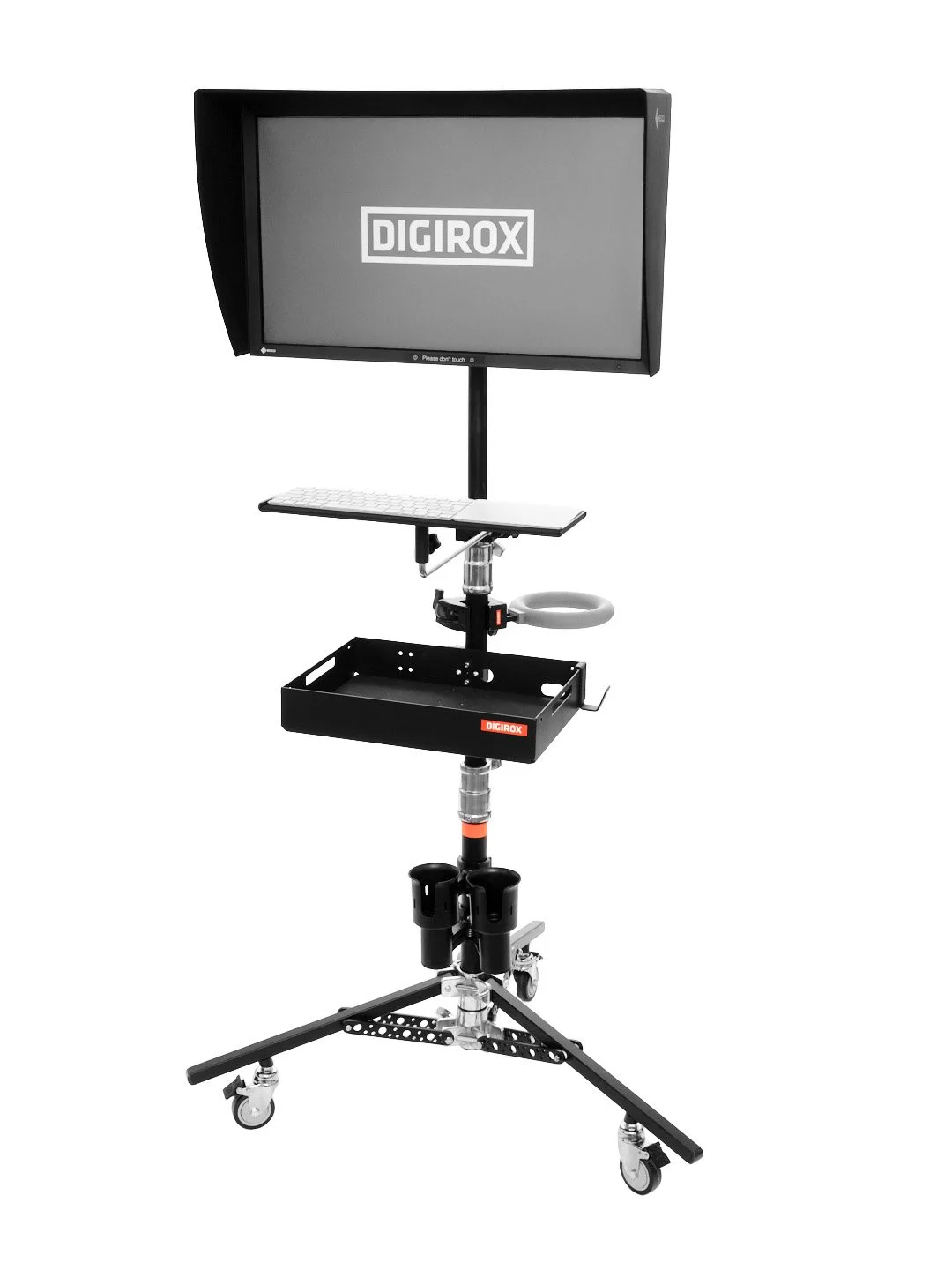 DIGIROX compact monitor stand with keyboard shelf, camera hoop mount and cup holders on wheeled tripod base
