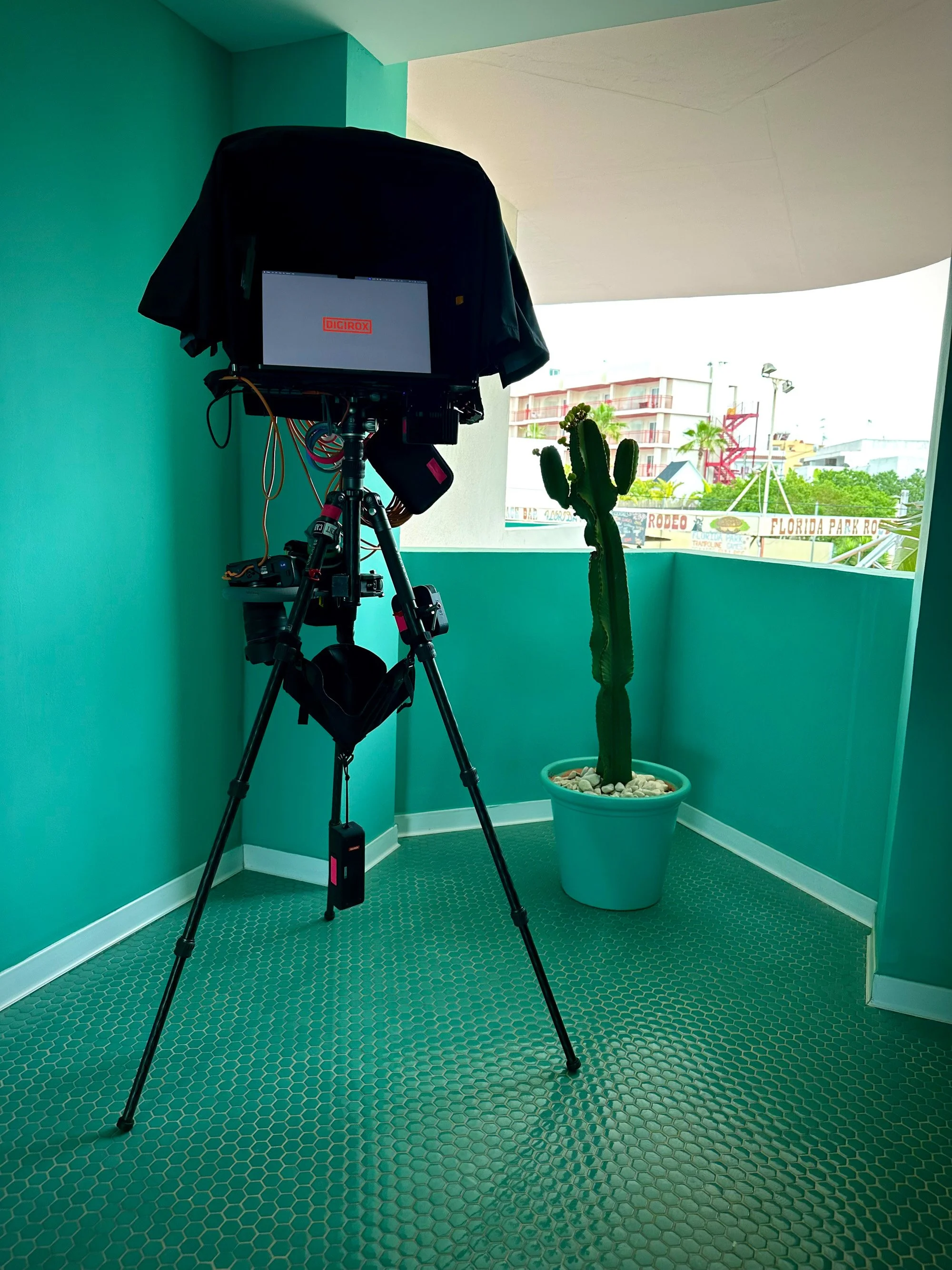Hooded monitor on a tripod in the corner of a teal-painted balcony, next to a potted cactus with colorful buildings visible outside.