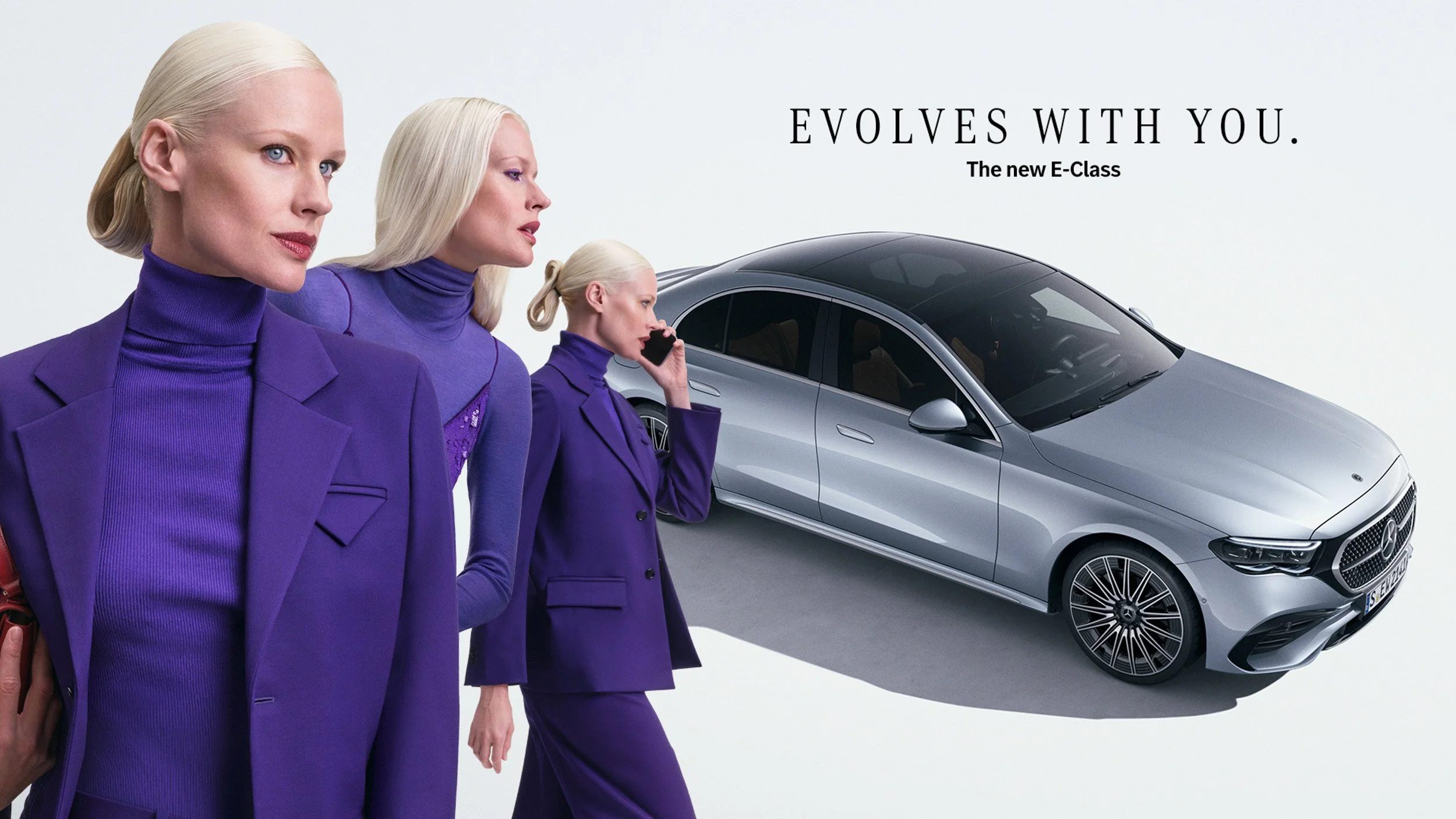 Triple-exposure image of a woman in purple outfits beside a silver Mercedes-Benz E-Class, with "Evolves With You" tagline.