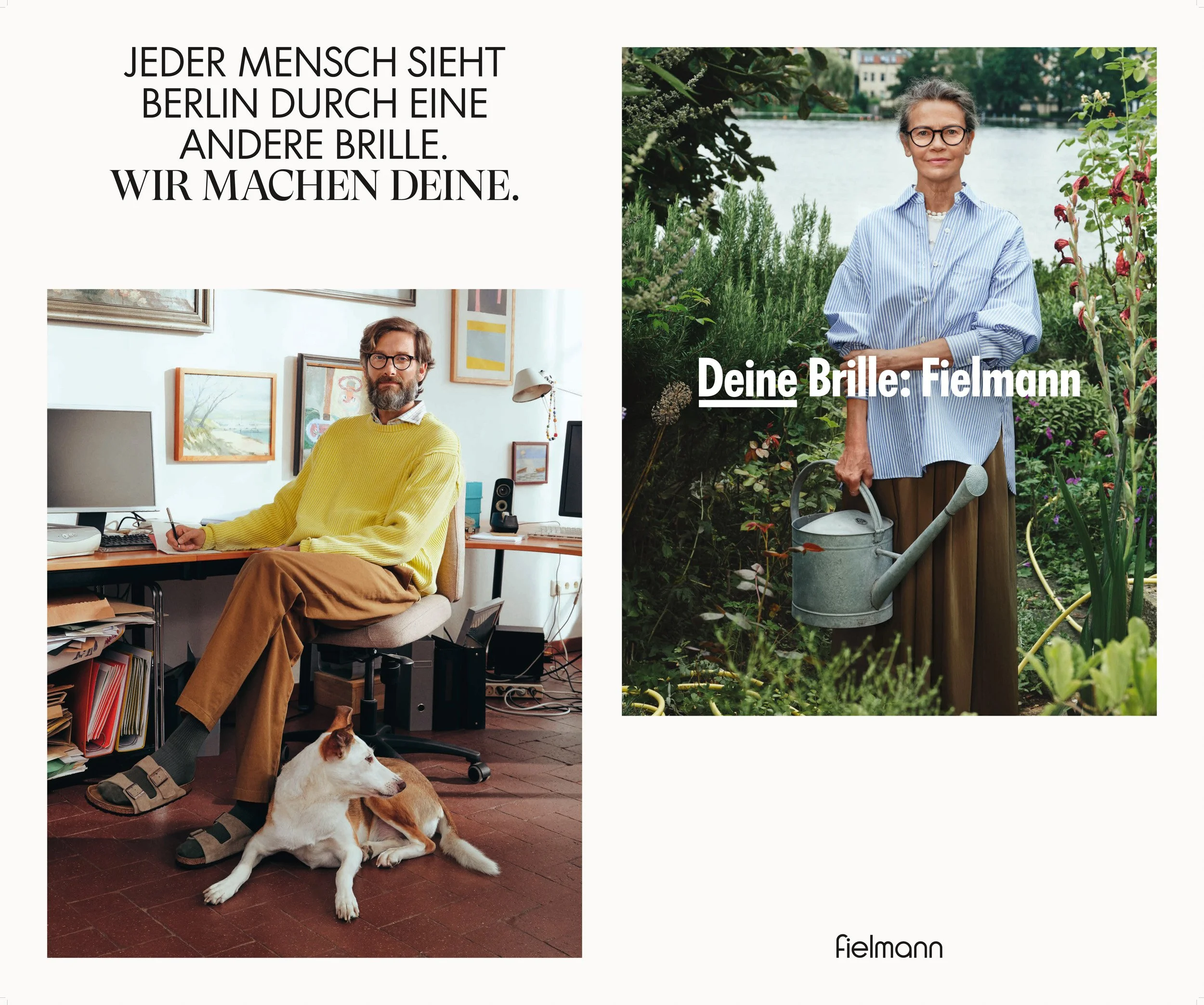 Split image of a man in a yellow sweater at a home desk with his dog, and a woman in a striped shirt holding a watering can in a garden, with Fielmann logo.