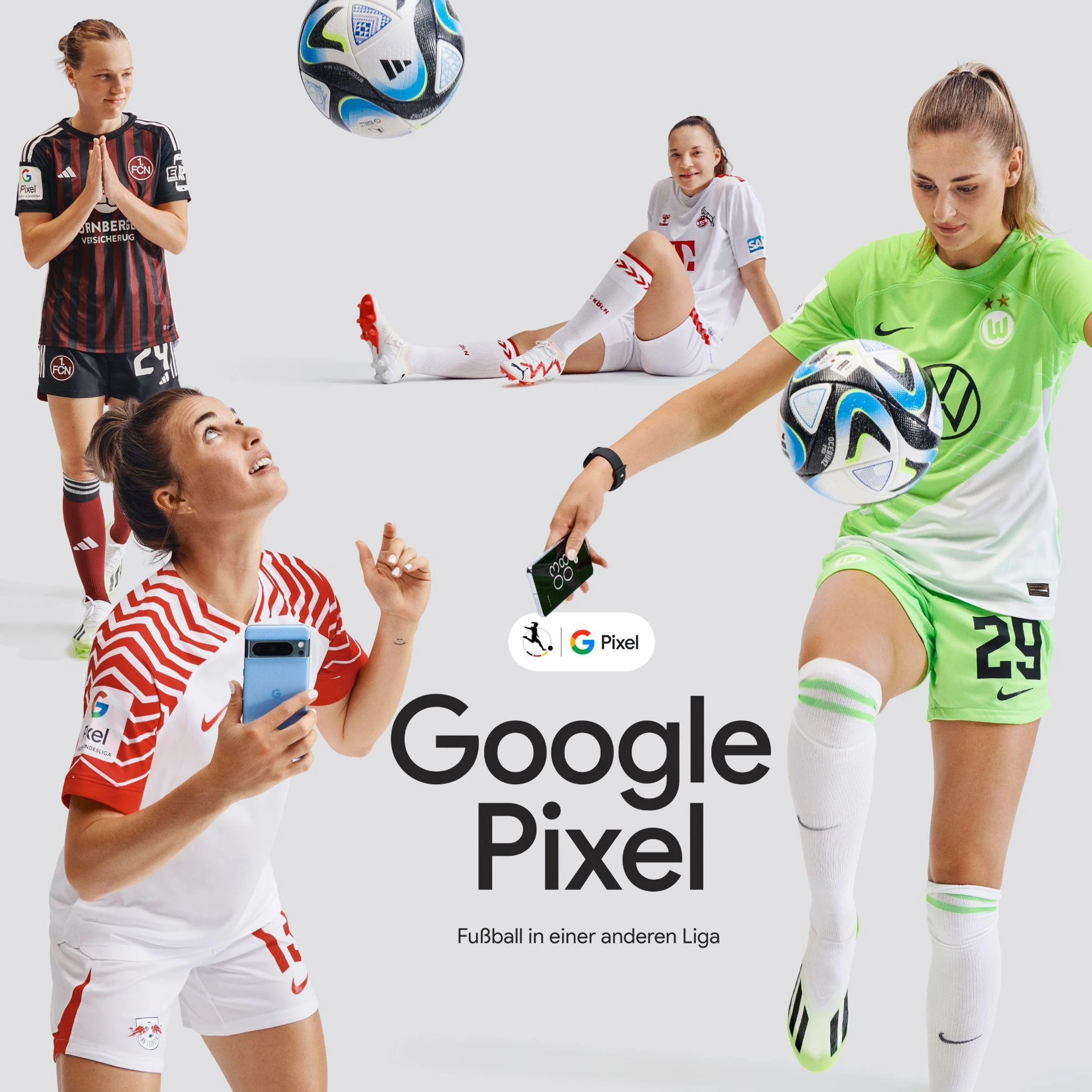 Collage of five female soccer players in club jerseys holding soccer balls and Google Pixel phones, with "Google Pixel" text overlay.