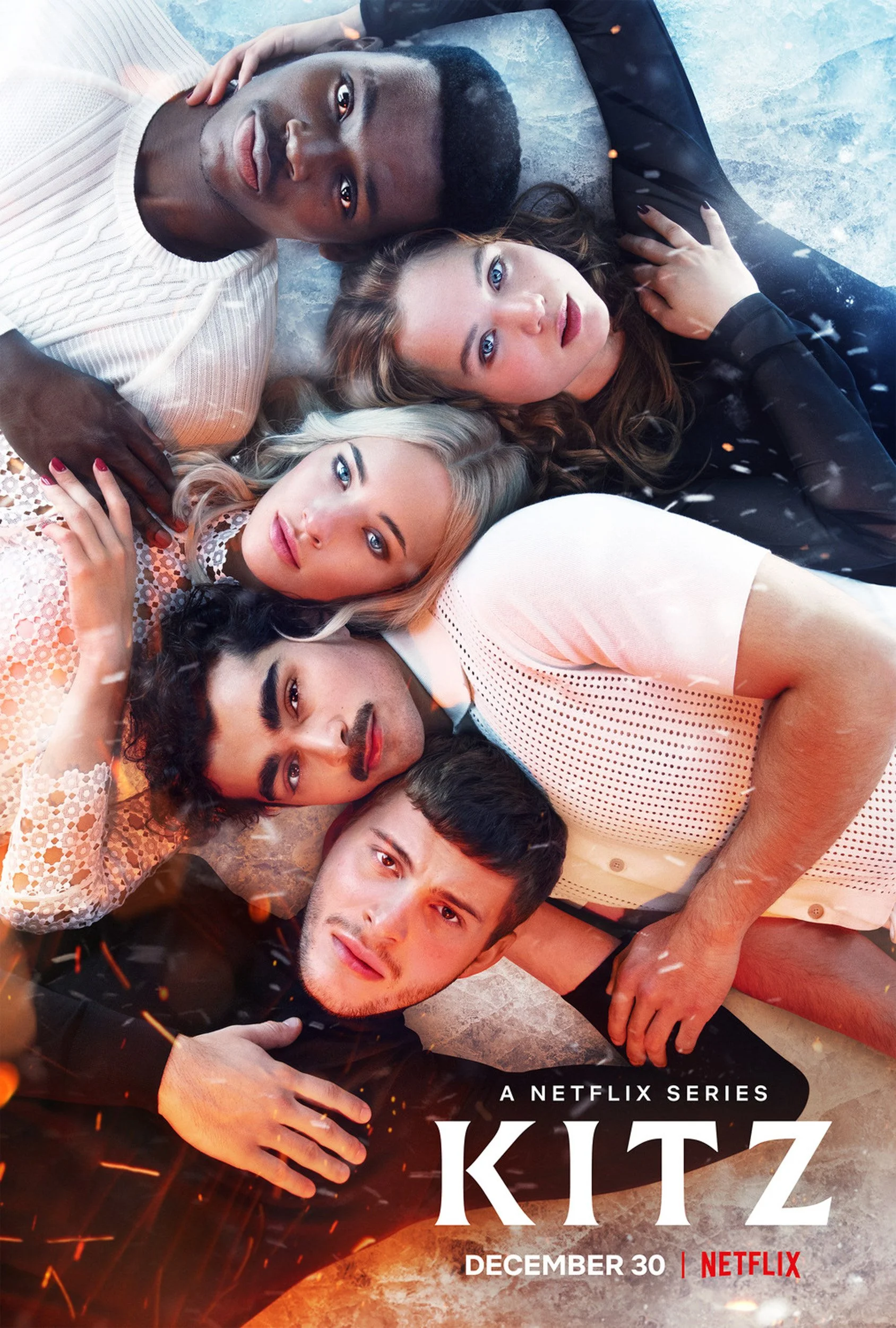 Group portrait of five people lying together head-to-head against an icy, spark-lit background, with Netflix "KITZ" logo.