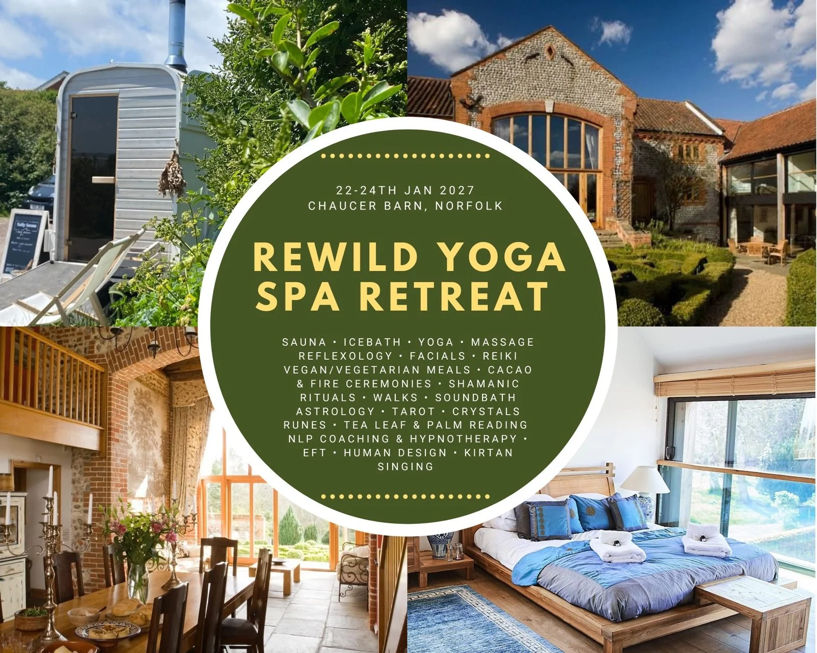 💫Returning for our REWILD YOGA SPA RETREAT 9-11th Jan 2026 @chaucerbarn Holt, Norfolk

Escape to this beautifully converted barn with relaxed colourful, boho furnishings set in idyllic countryside for a luxurious pamper weekend! Indulge in tasty del