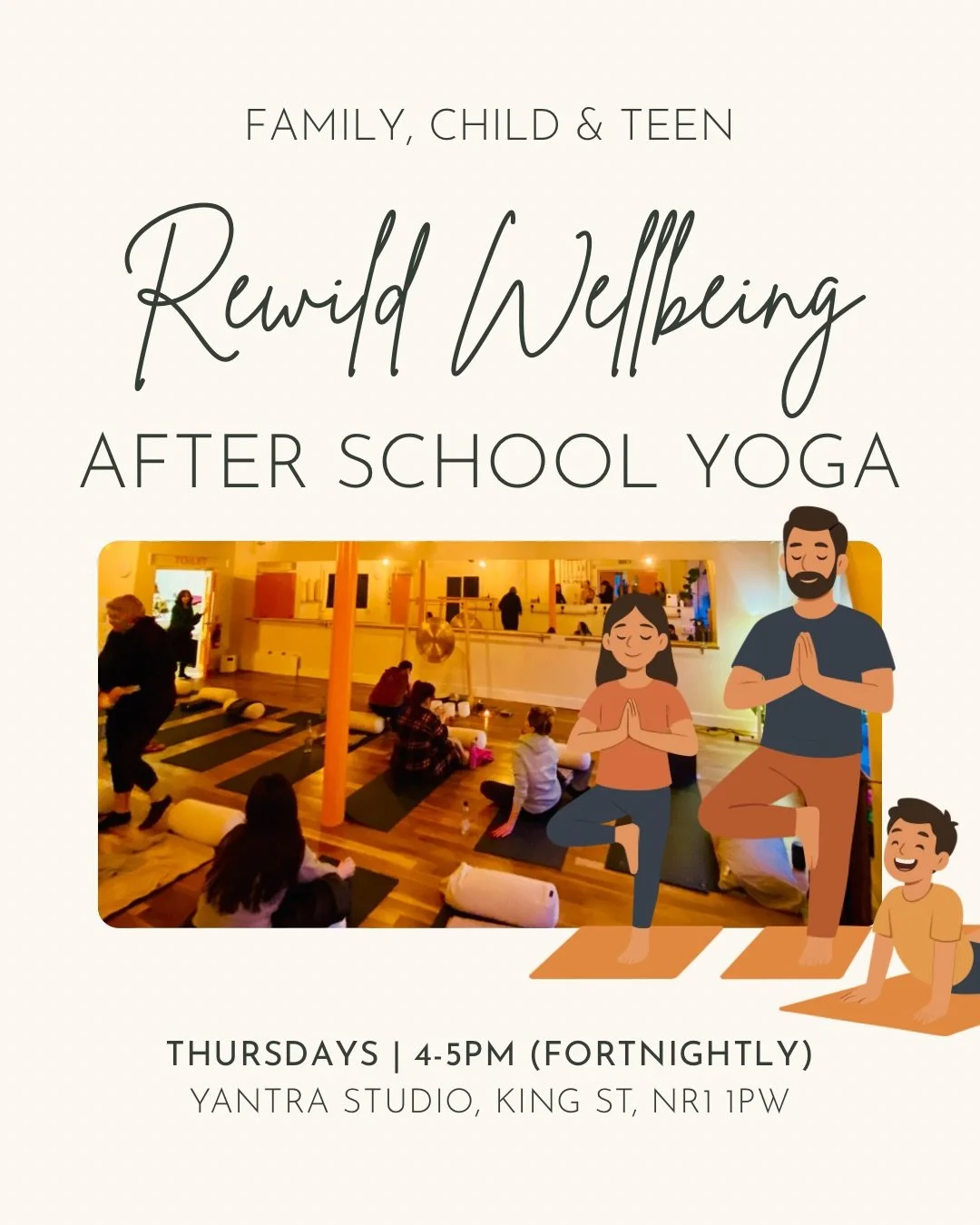 🔥REWILD AFTER SCHOOL FAMILY YOGA fortnightly Thursdays 4-5pm @yantrastudio.norwich 

A fun exploration into yoga with games and stories. Playing with breathing, body exercises and meditations to strengthen our concentration, self confidence and prom