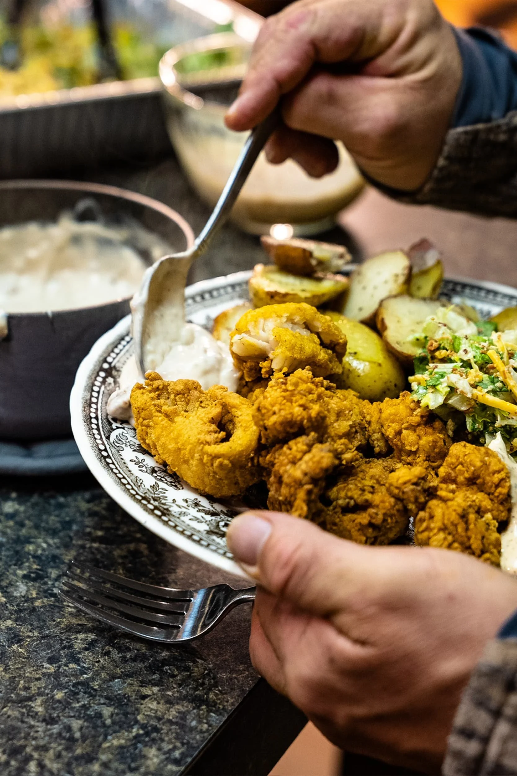 Plate of food inside Stouts lodge