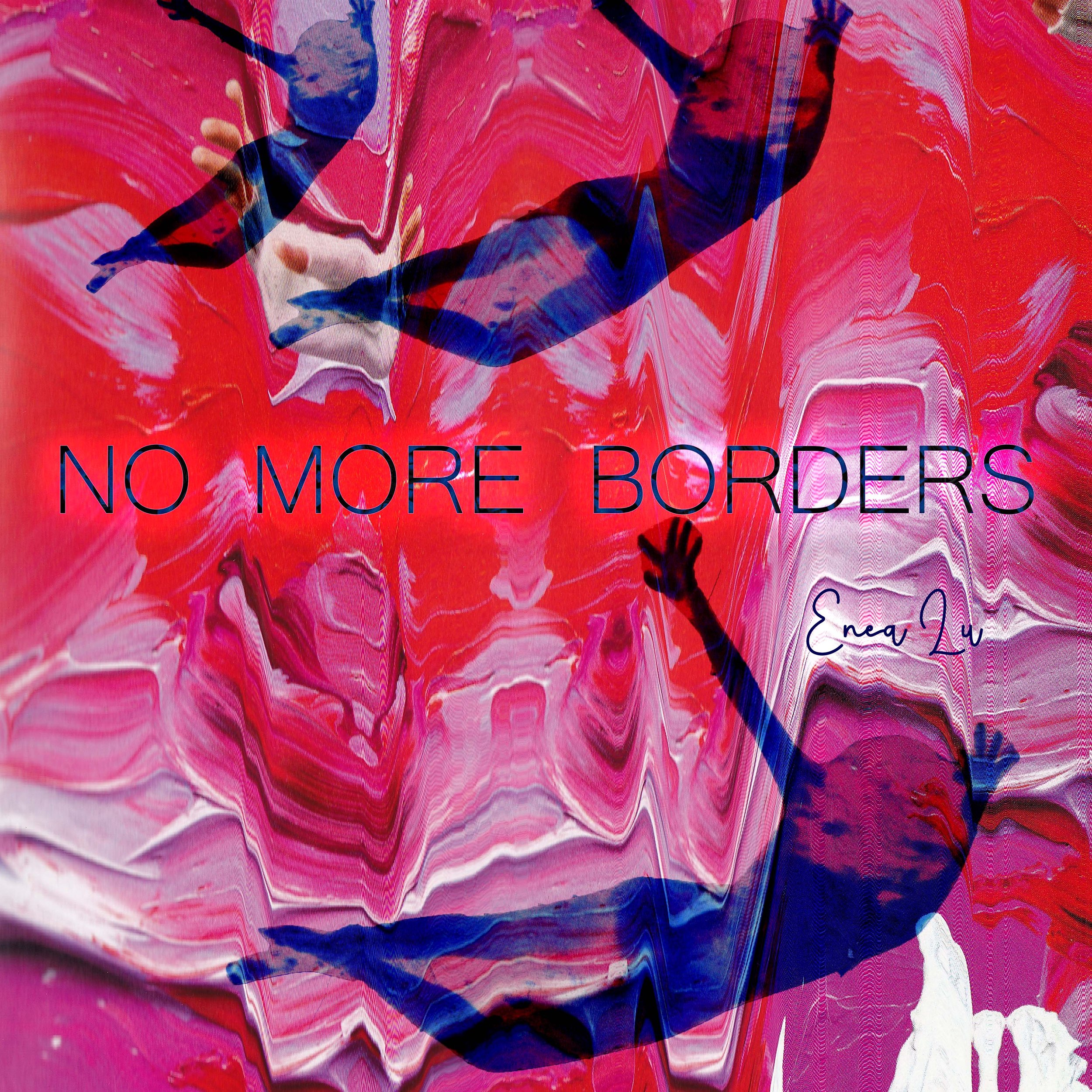 No More Borders artwork by Enea Lu, abstract composition in red, pink and blue tones.