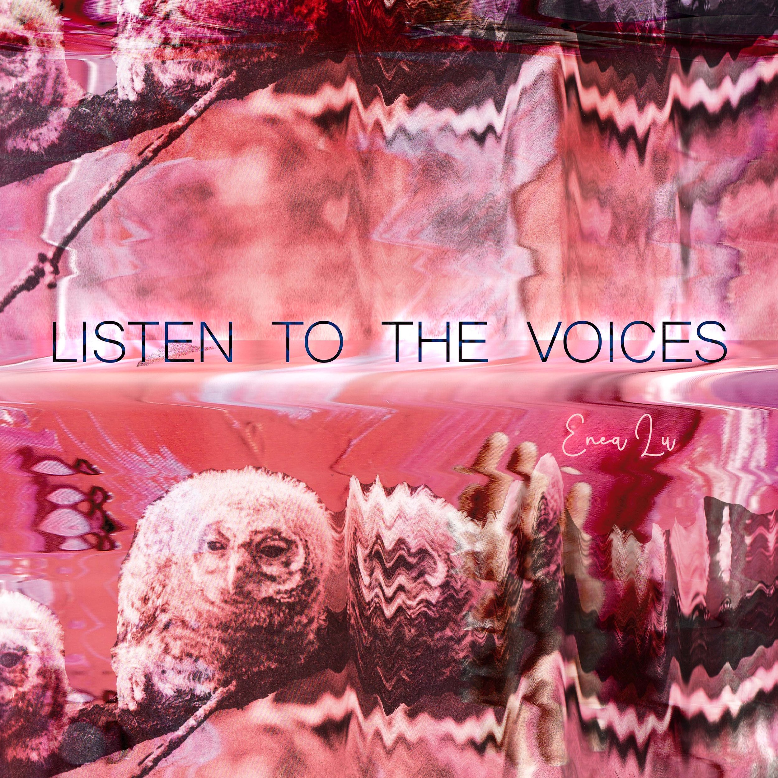 Listen To The Voices artwork by Enea Lu, abstract collage in pink, red and black with distorted textures.