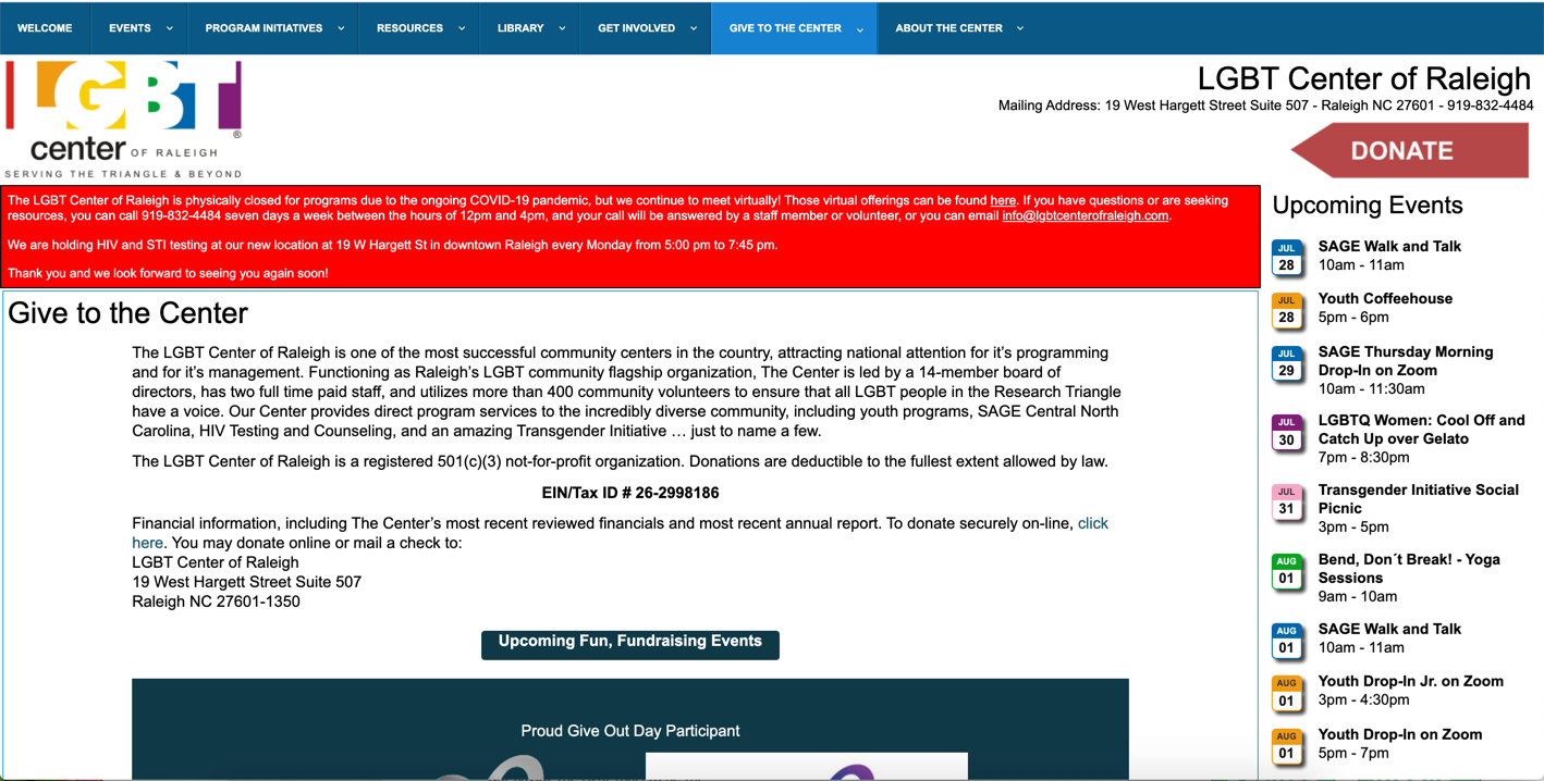 The original website “Donate” page