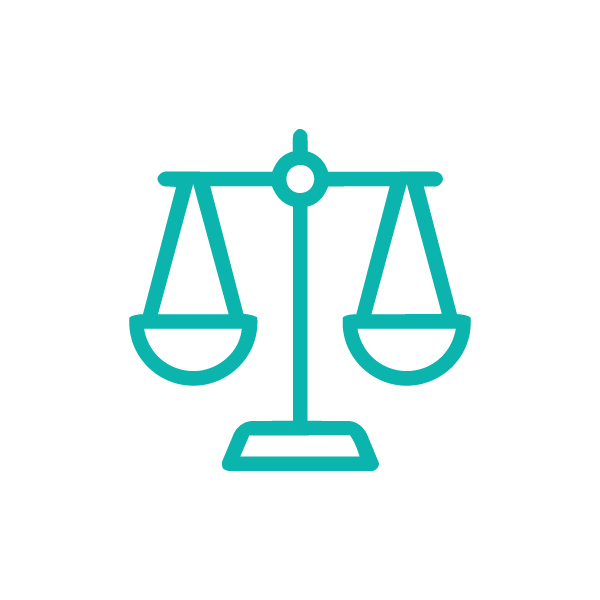 Icon of a teal balance scale against a black background.