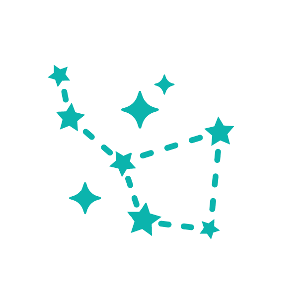 A constellation of stars and sparkles arranged in a pattern, styled with dashed lines connecting the stars on a black background.