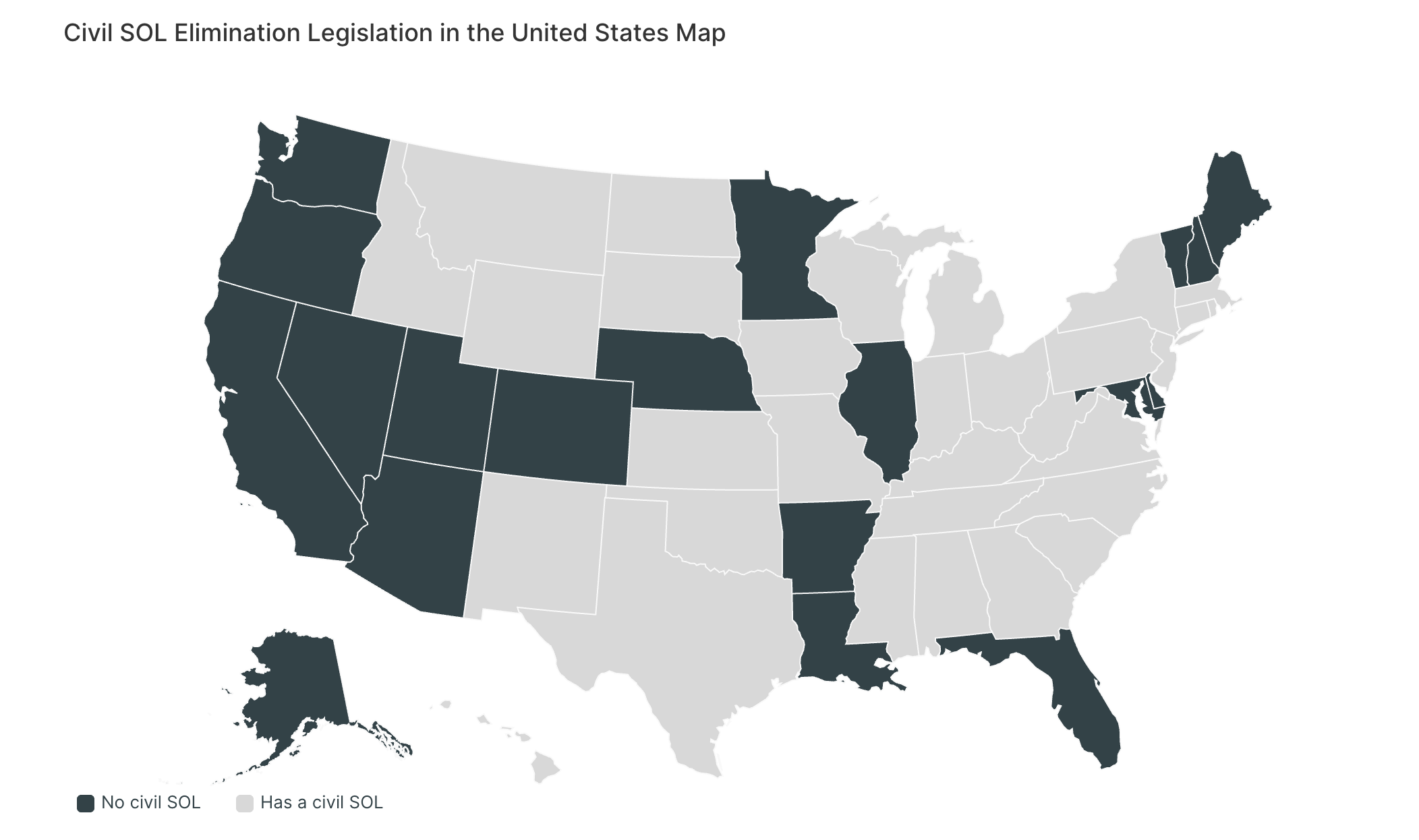 Map of the United States showing states with civil SAL legislation in dark gray and states without civil SAL legislation in light gray.