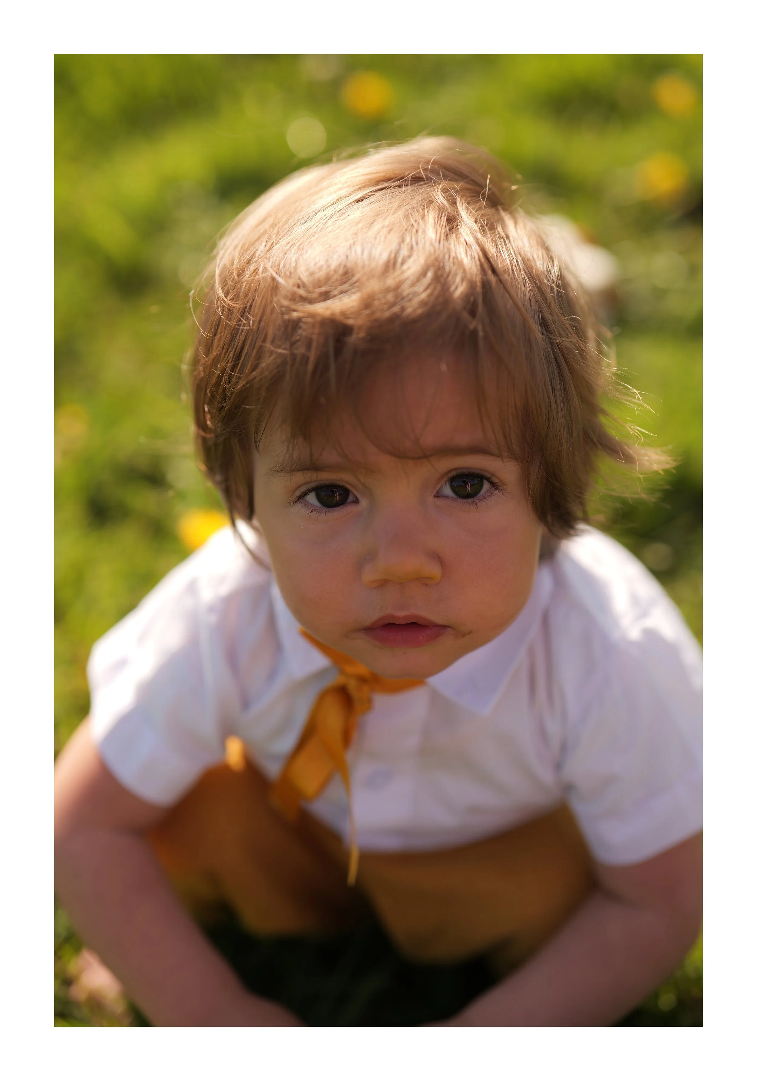 Jeune garçon aux yeux gris, portant une chemise blanche, avec une écharpe orange, vue de face, à l'extérieur dans un champ ensoleillé.