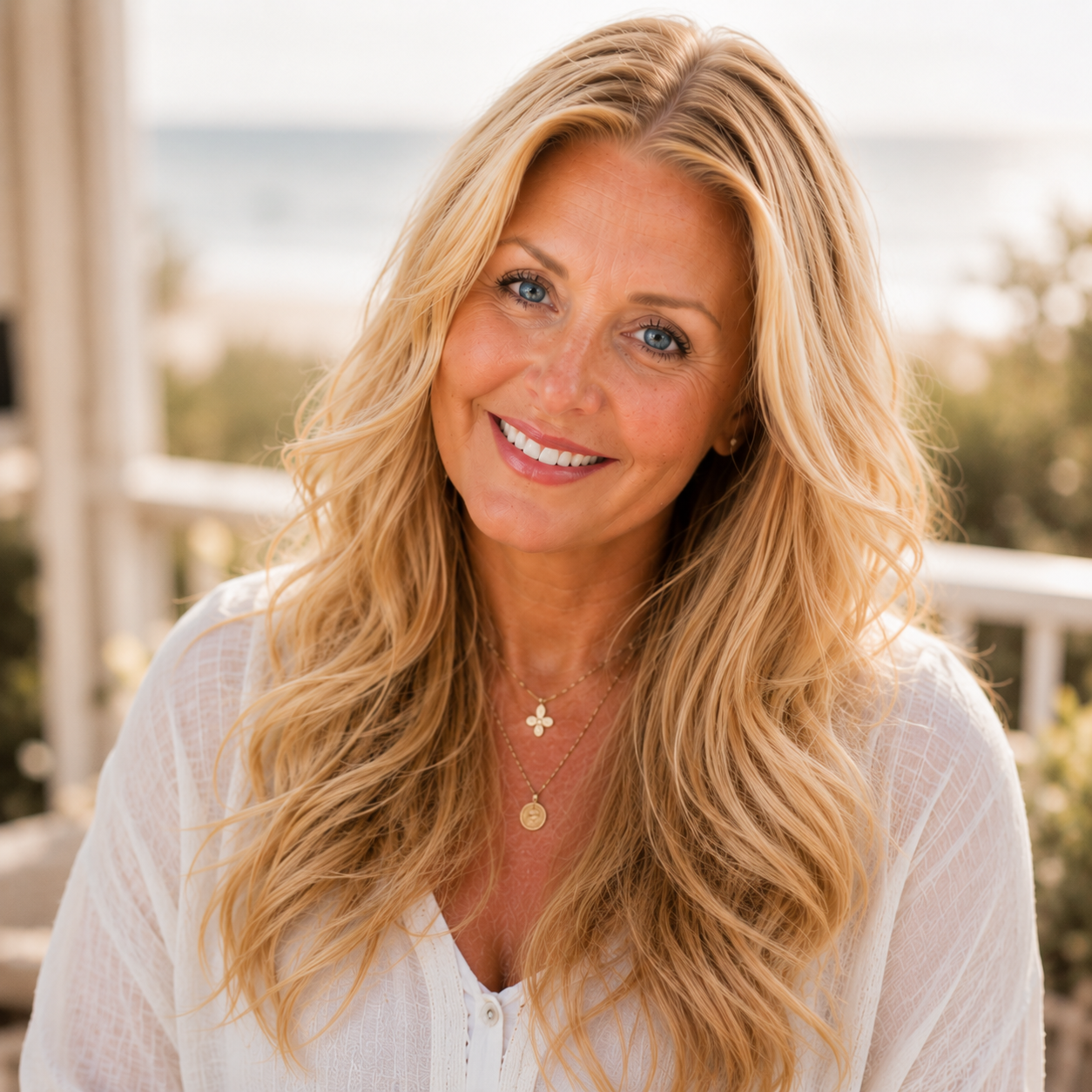 A woman with long blonde hair and blue eyes smiling outdoors, wearing a white top and gold necklaces.