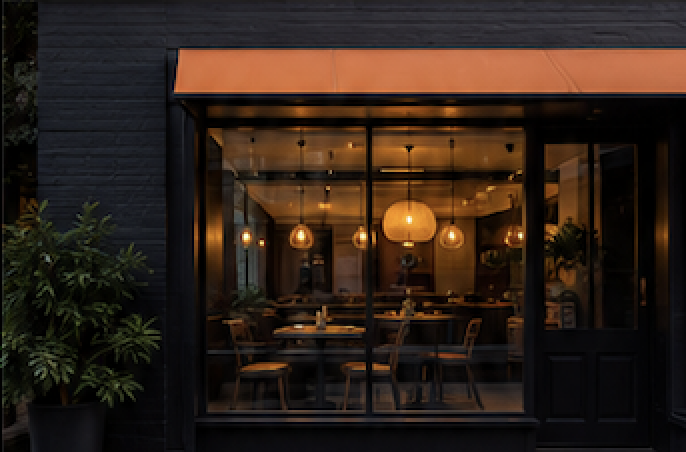 Exterior view of a cozy restaurant with large glass windows, warm hanging lights, and outdoor potted plants.