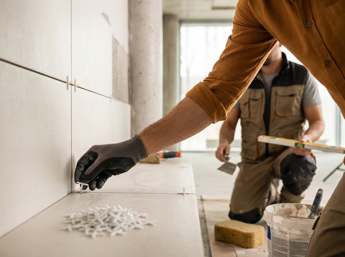 A person installing wall tiles with a notched tile spacer, with another worker in the background holding a level and trowel, in a room under construction.