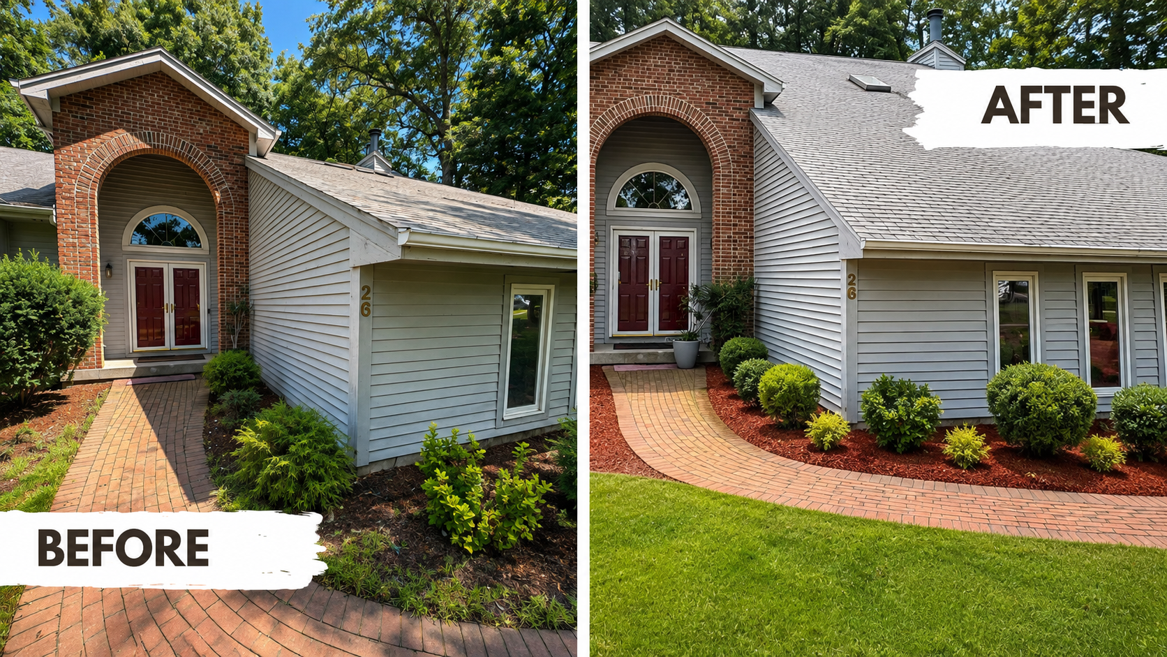 Side-by-side comparison of a house facade before and after landscaping and renovation. The 'before' shows a simple yard with a curved brick pathway, less lush plants, and a slightly worn appearance. The 'after' features a more manicured lawn, new bushes along the pathway, and a fresher, updated exterior with new paint and landscaping enhancements.