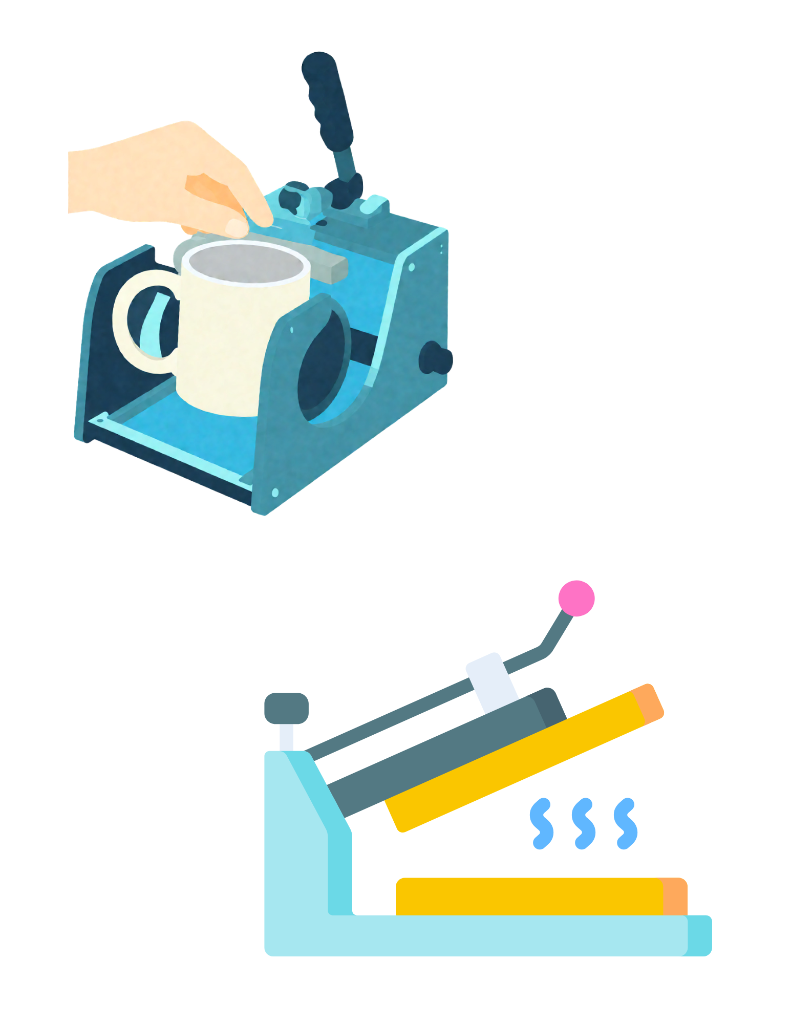 Illustration of a hand operating a blue coffee roasting machine and a yellow outdoor grill emitting steam