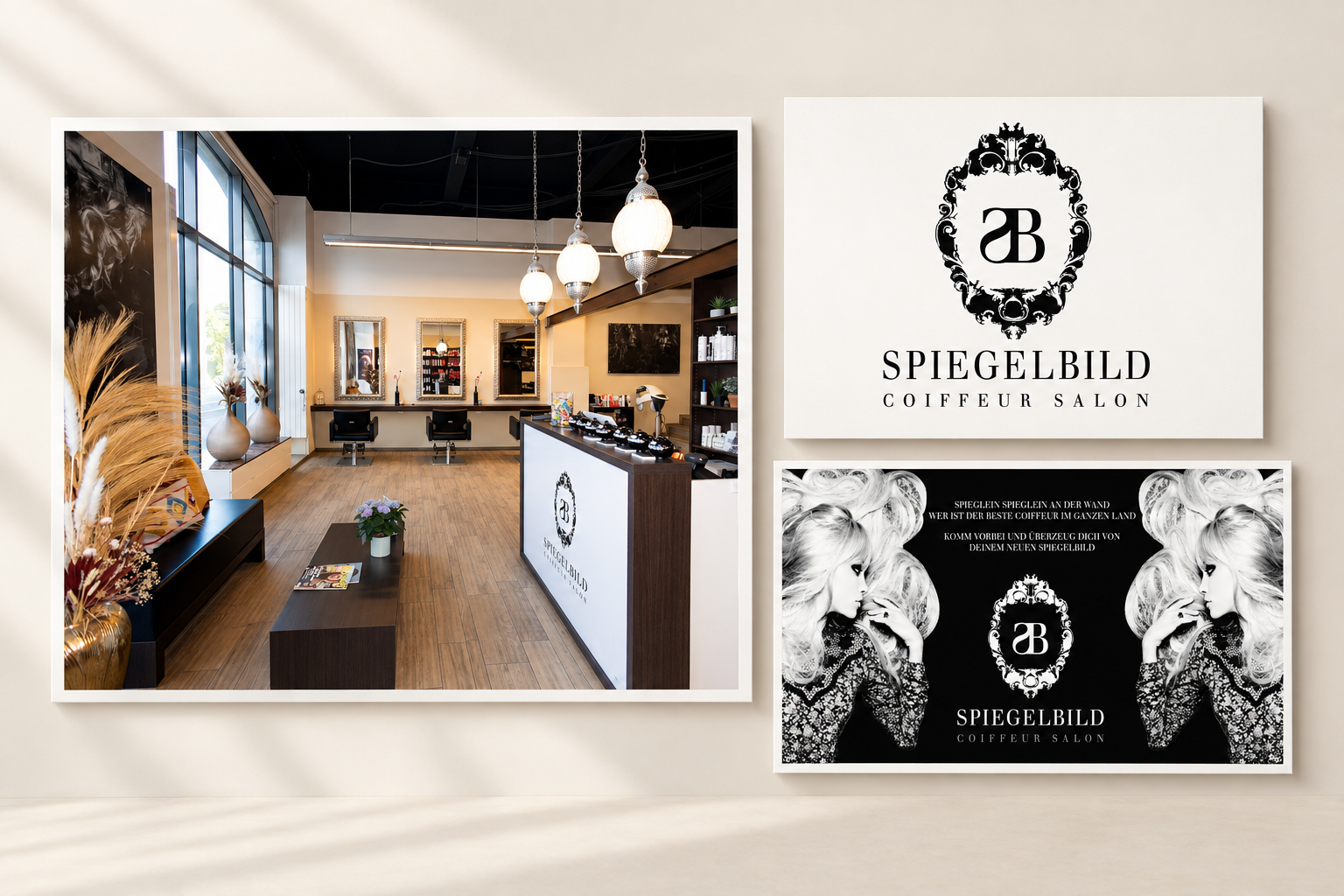 Markenauftritt für Coiffeur Spiegelbild mit Salon, Logo und Geschäftsausstattung