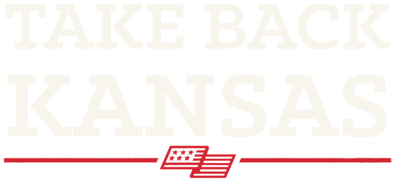Text reading "Take Back Kansas" set over a red American Flag logo