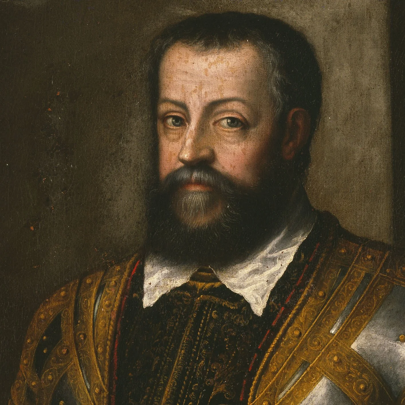 Ritratto a olio di un uomo con baffi e barba, che indossa una sontuosa uniforme regale con armatura